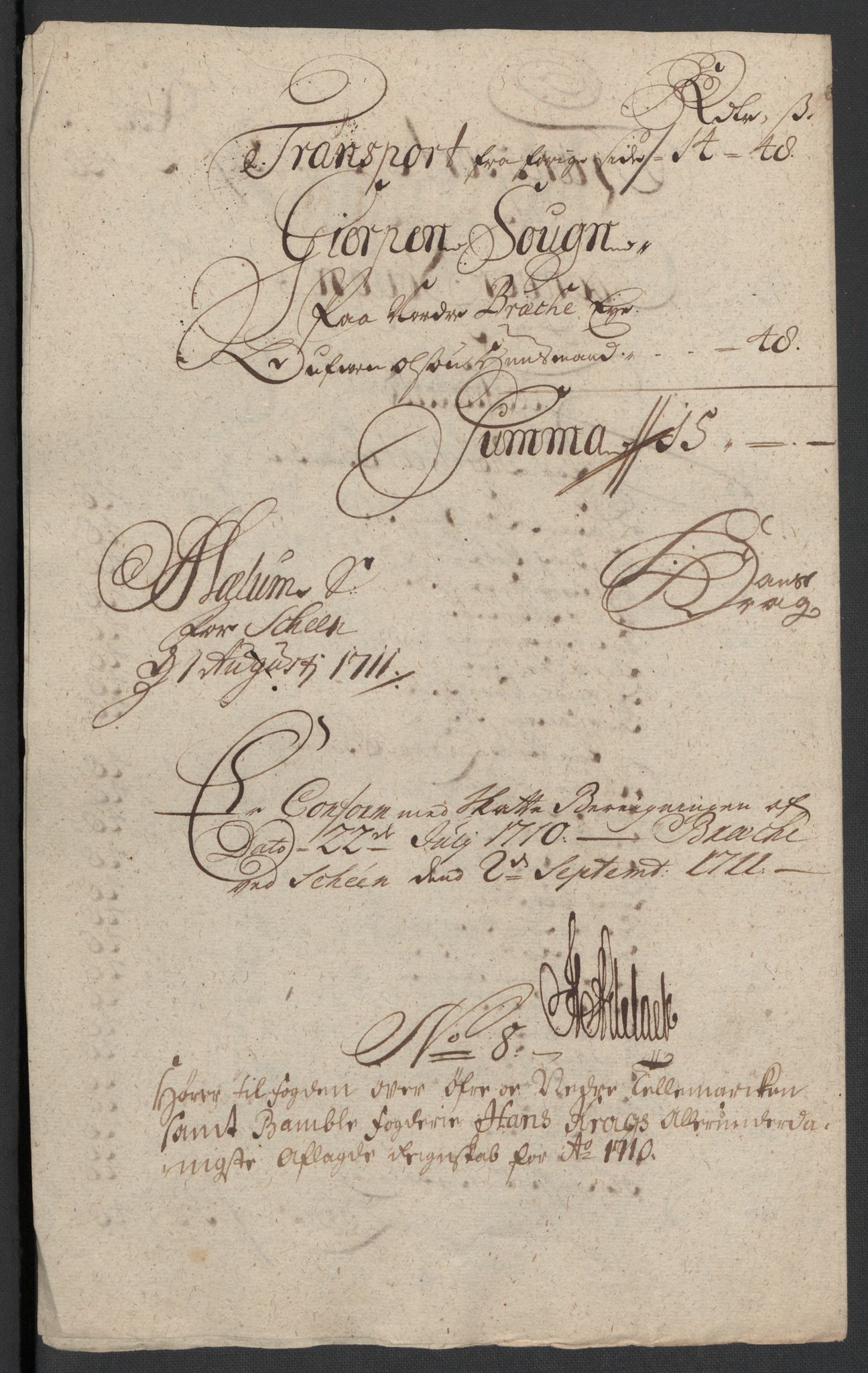Rentekammeret inntil 1814, Reviderte regnskaper, Fogderegnskap, RA/EA-4092/R36/L2119: Fogderegnskap Øvre og Nedre Telemark og Bamble, 1710, s. 60