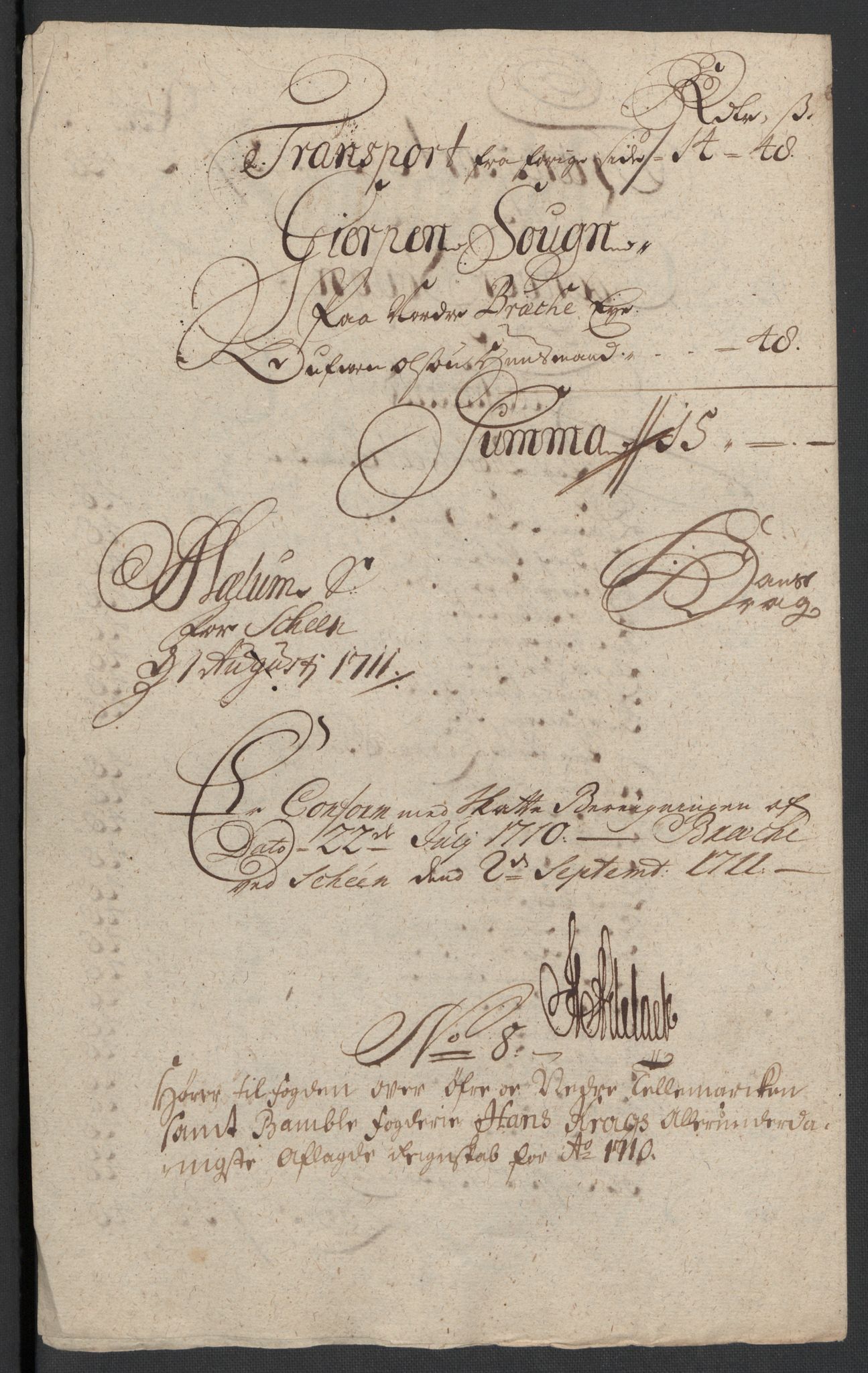 Rentekammeret inntil 1814, Reviderte regnskaper, Fogderegnskap, AV/RA-EA-4092/R36/L2119: Fogderegnskap Øvre og Nedre Telemark og Bamble, 1710, s. 60