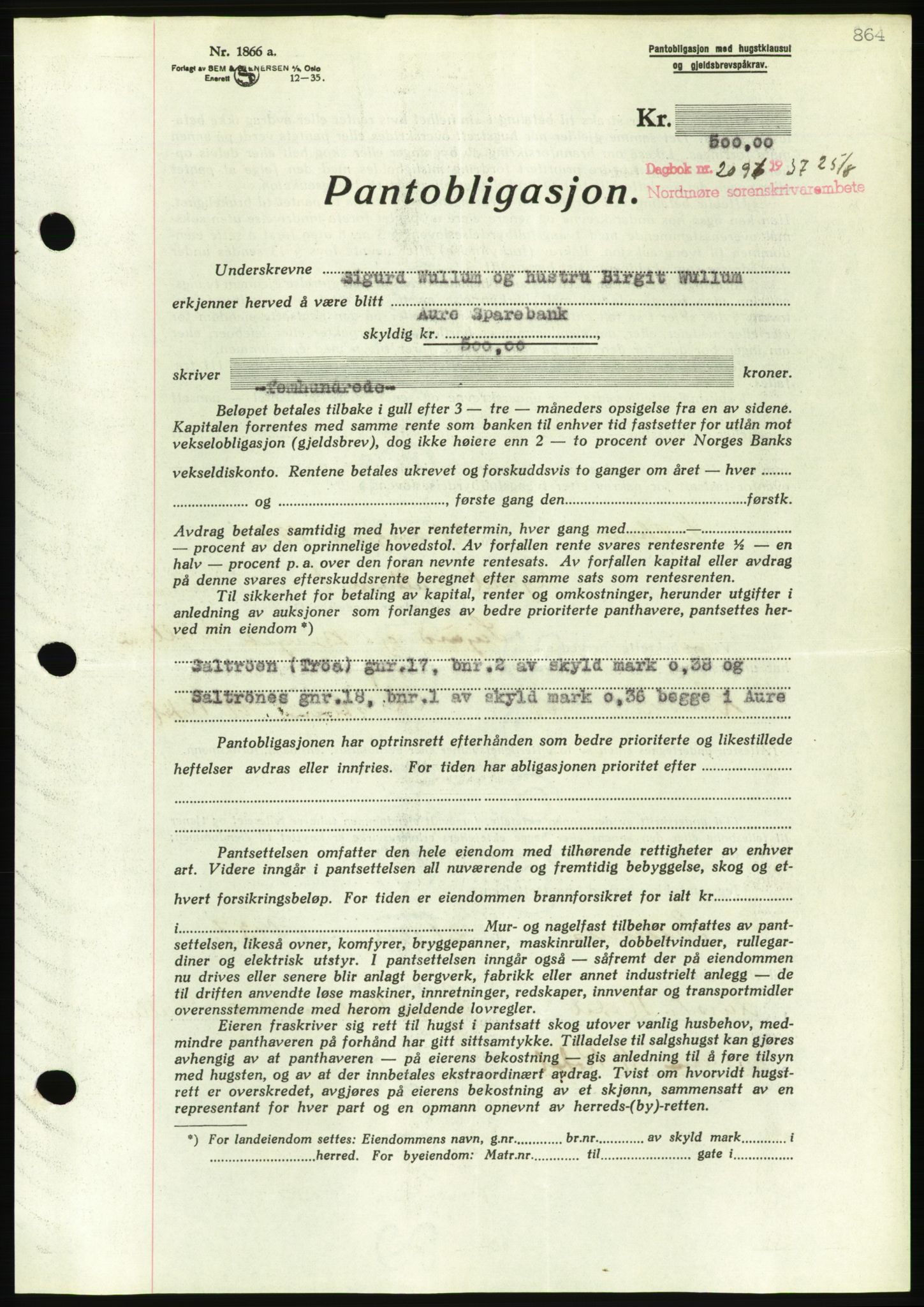 Nordmøre sorenskriveri, AV/SAT-A-4132/1/2/2Ca/L0091: Pantebok nr. B81, 1937-1937, Dagboknr: 2096/1937