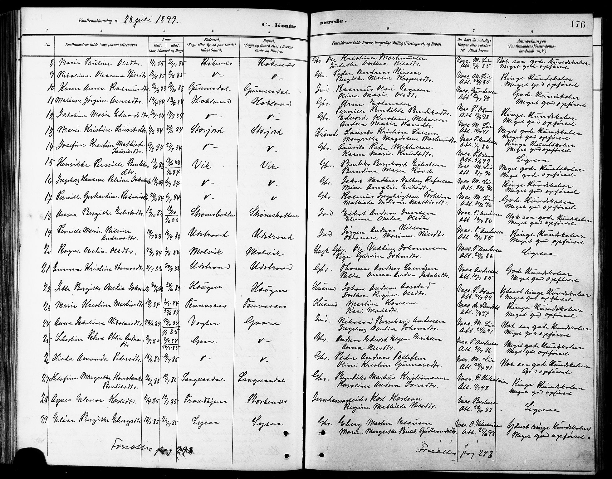 Kvæfjord sokneprestkontor, AV/SATØ-S-1323/G/Ga/Gab/L0005klokker: Klokkerbok nr. 5, 1886-1911, s. 176