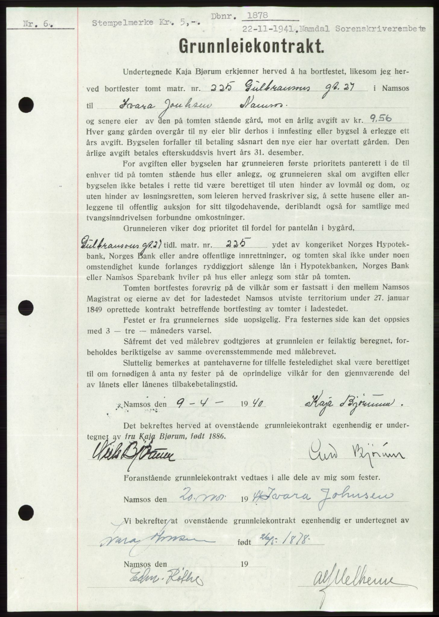 Namdal sorenskriveri, SAT/A-4133/1/2/2C: Pantebok nr. -, 1941-1942, Dagboknr: 1878/1941