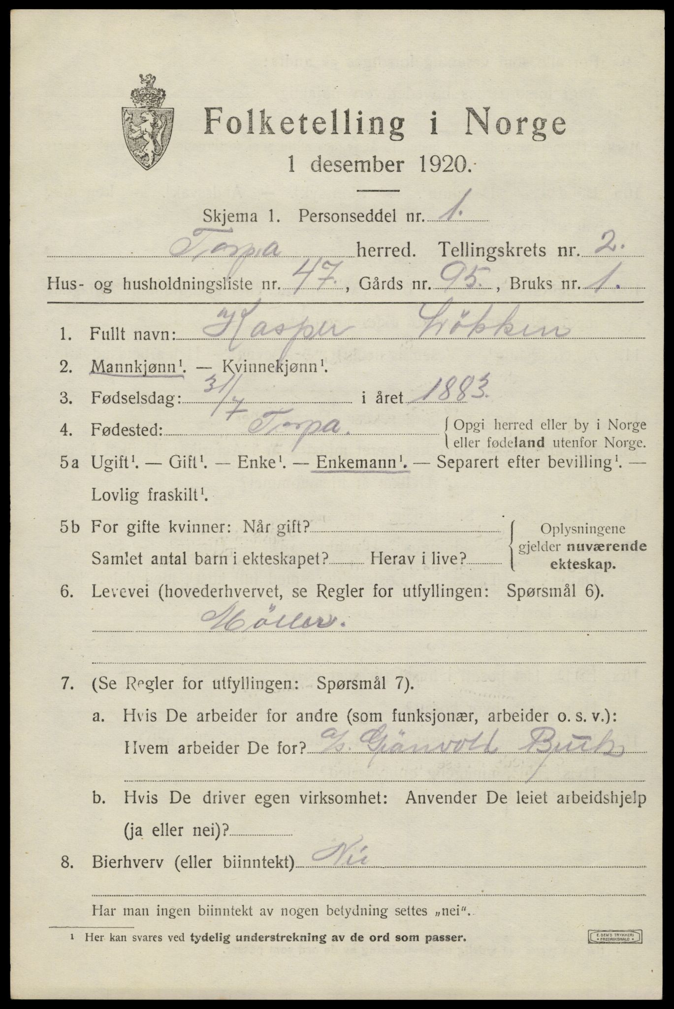 SAH, Folketelling 1920 for 0539 Torpa herred, 1920, s. 2243