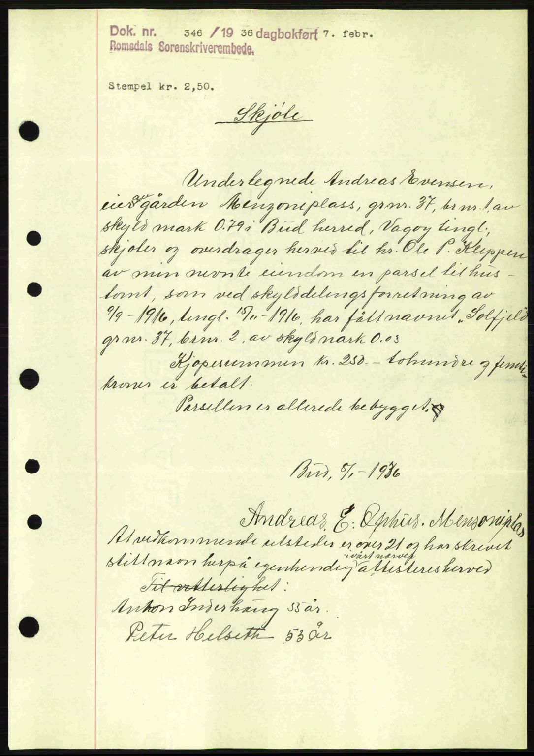Romsdal sorenskriveri, SAT/A-4149/1/2/2C: Pantebok nr. A1, 1936-1936, Dagboknr: 346/1936