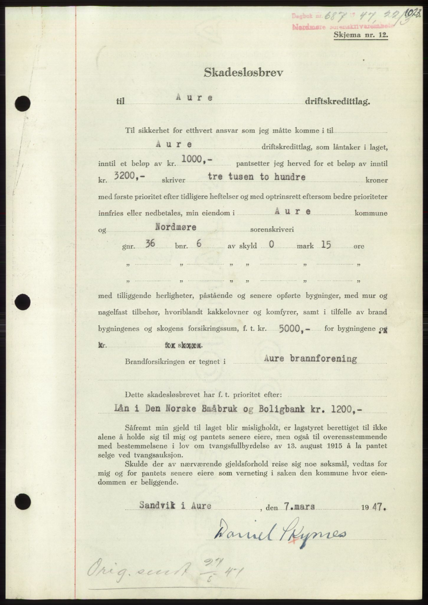 Nordmøre sorenskriveri, SAT/A-4132/1/2/2Ca: Pantebok nr. B95, 1946-1947, Dagboknr: 687/1947