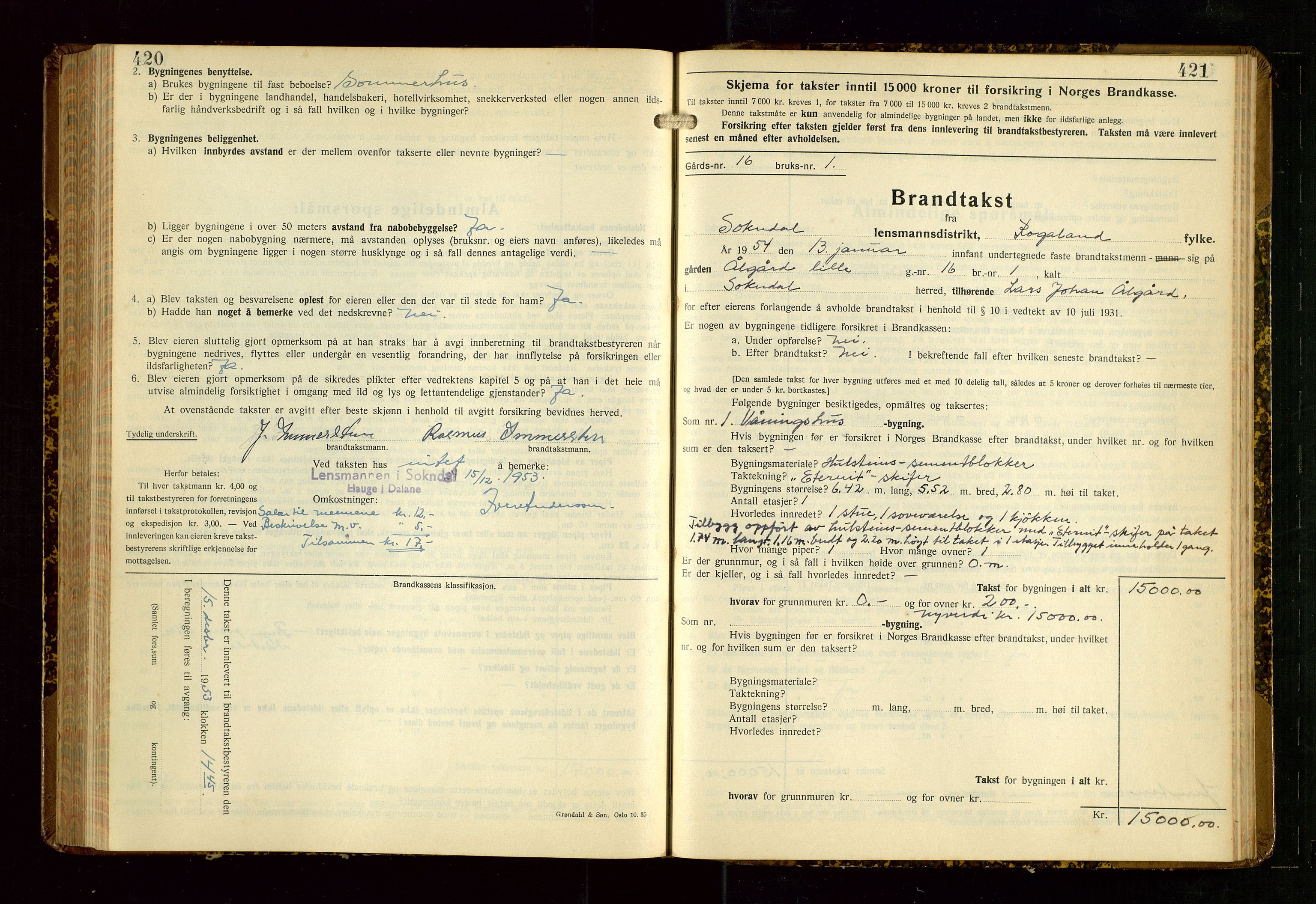 Sokndal lensmannskontor, AV/SAST-A-100417/Gob/L0008: "Brandtakst-Protokoll", 1937-1955, s. 420-421