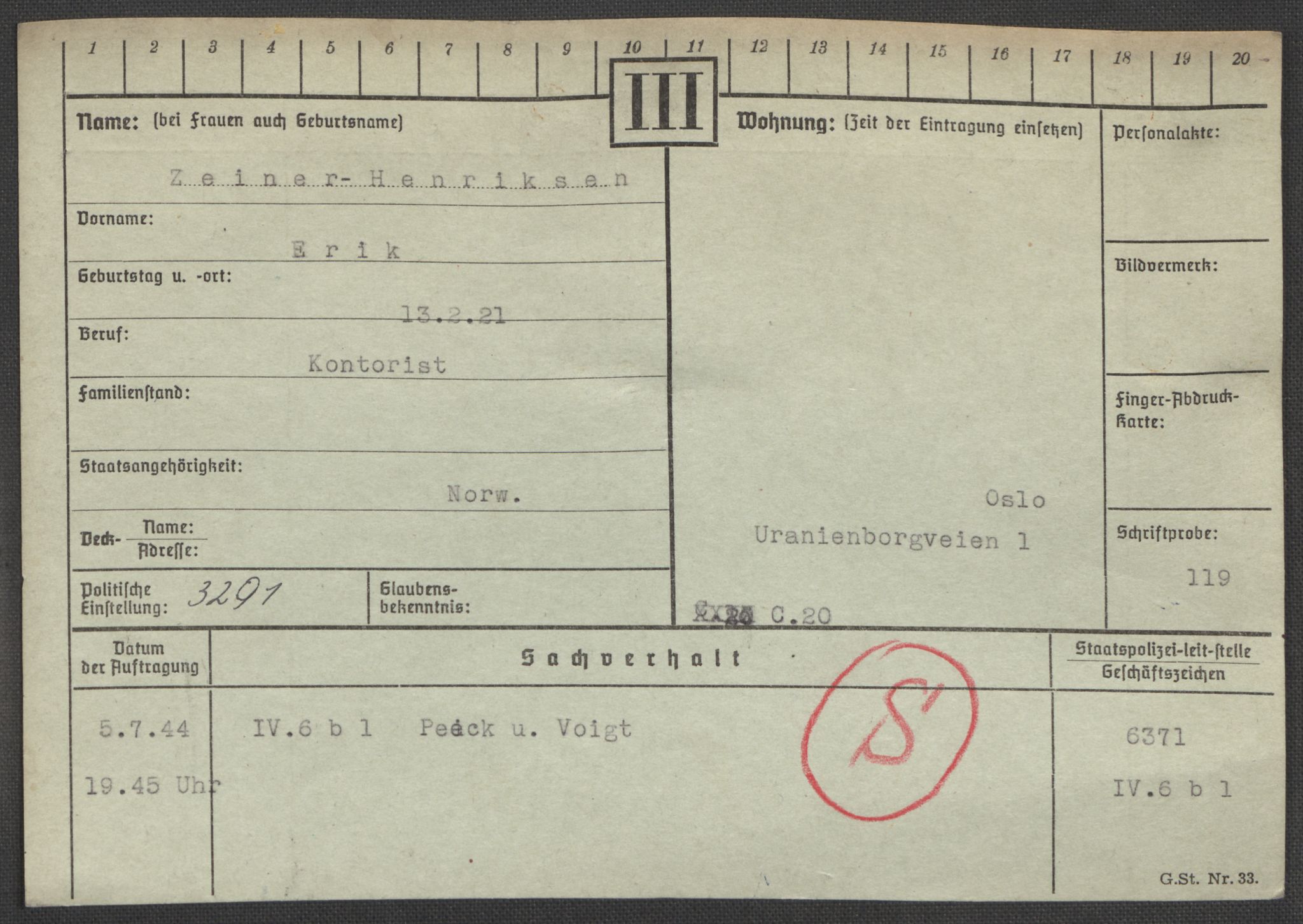 Befehlshaber der Sicherheitspolizei und des SD, AV/RA-RAFA-5969/E/Ea/Eaa/L0010: Register over norske fanger i Møllergata 19: Sø-Å, 1940-1945, s. 1190