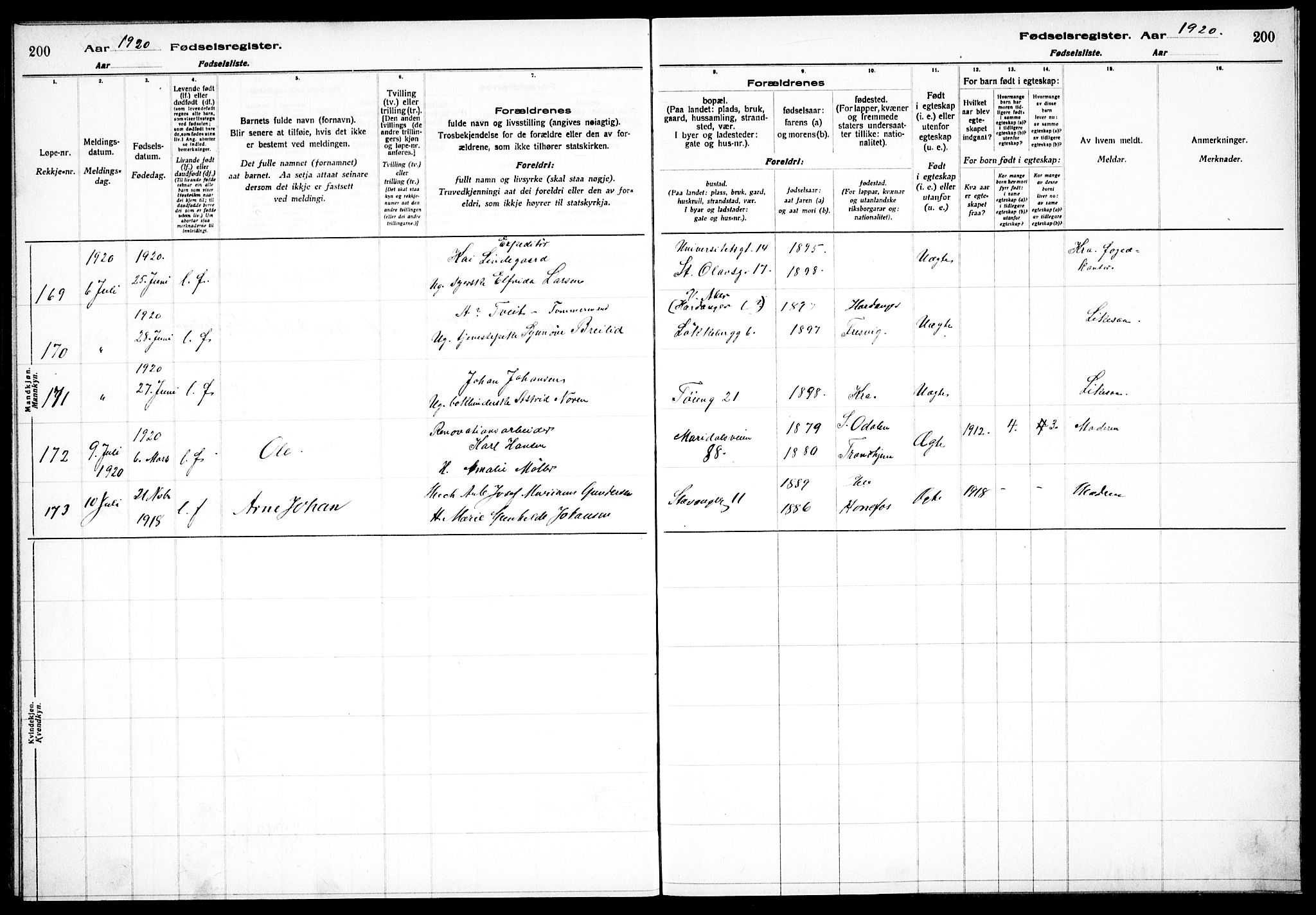 Sagene prestekontor Kirkebøker, AV/SAO-A-10796/J/L0001: Fødselsregister nr. 1, 1916-1920, s. 200