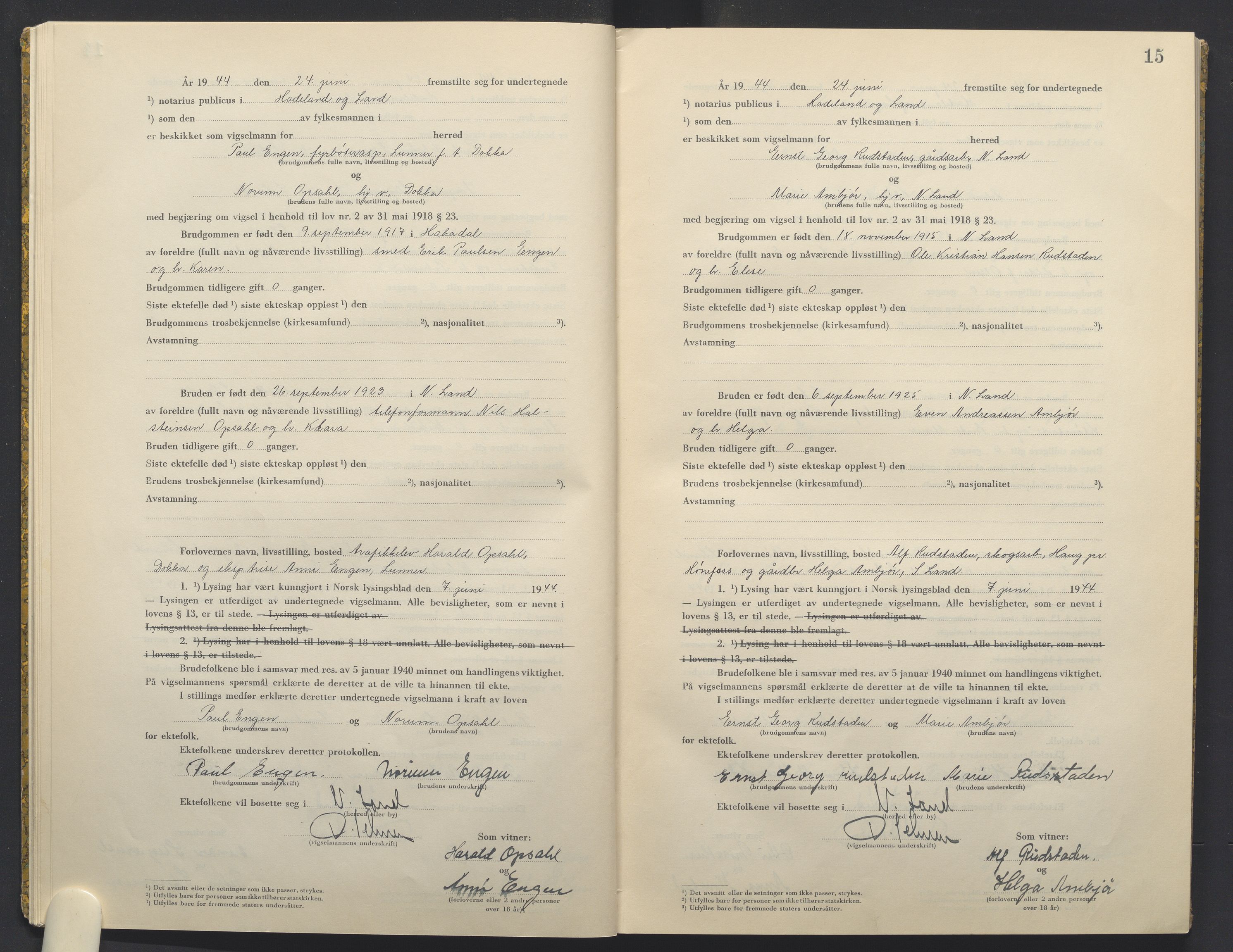 Hadeland og Land tingrett, AV/SAH-TING-010/L/Lb/L0003: Vigselbok, 1944-1946, s. 15