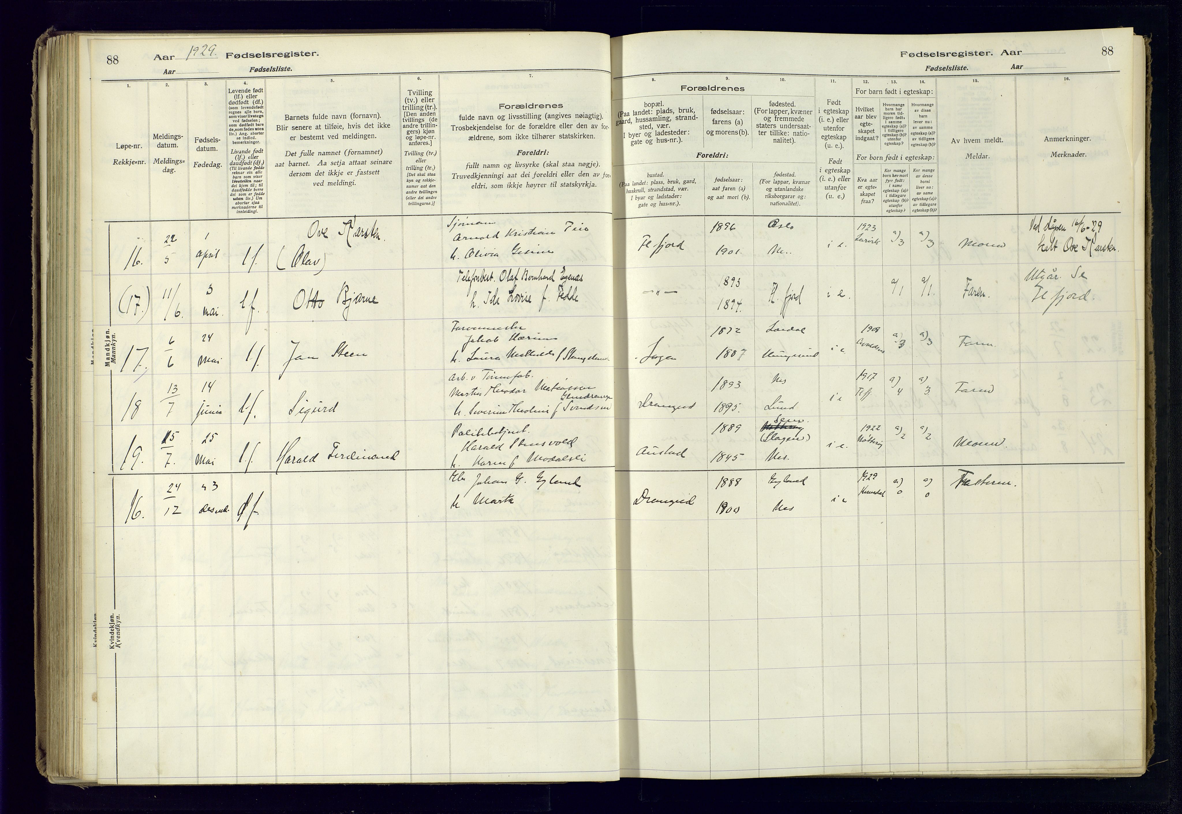 Flekkefjord sokneprestkontor, AV/SAK-1111-0012/J/Ja/L0005: Fødselsregister nr. 5, 1916-1950, s. 88