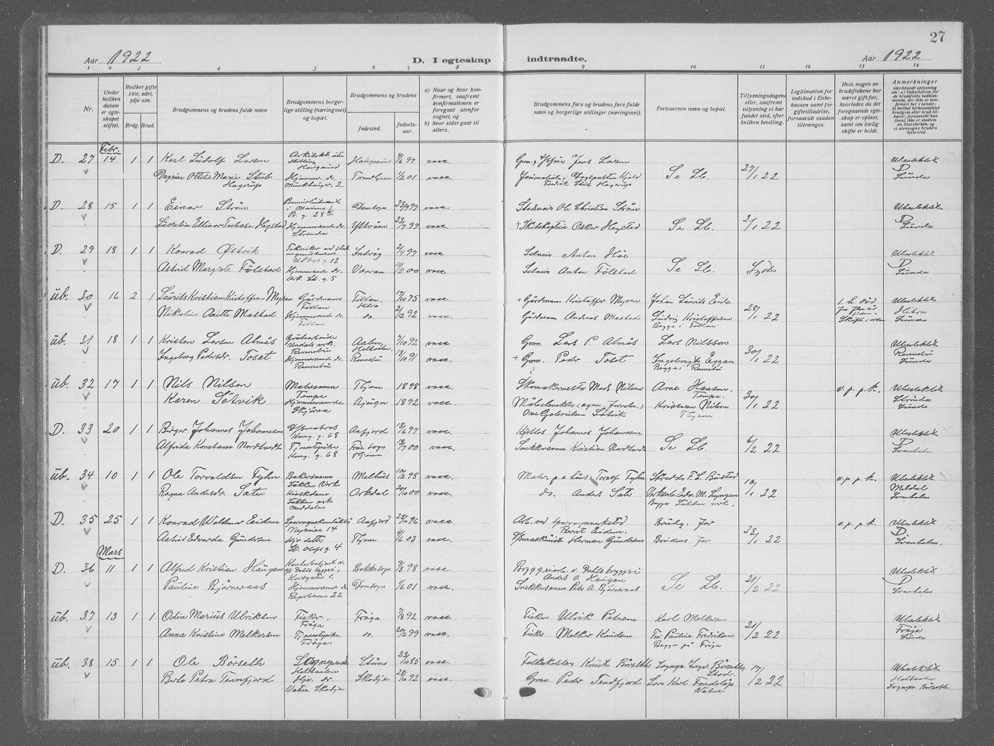 Ministerialprotokoller, klokkerbøker og fødselsregistre - Sør-Trøndelag, AV/SAT-A-1456/601/L0098: Klokkerbok nr. 601C16, 1921-1934, s. 27