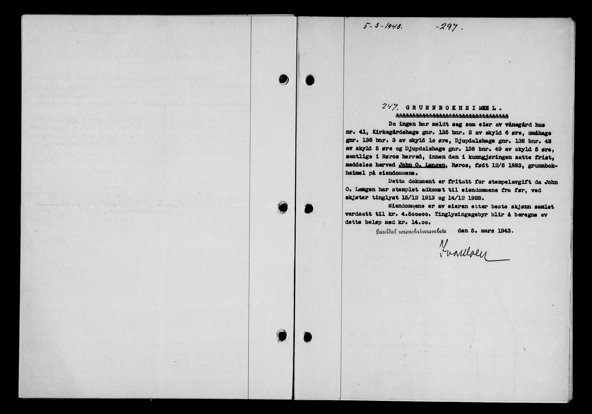 Gauldal sorenskriveri, SAT/A-0014/1/2/2C/L0056: Pantebok nr. 61, 1942-1943, Dagboknr: 247/1943