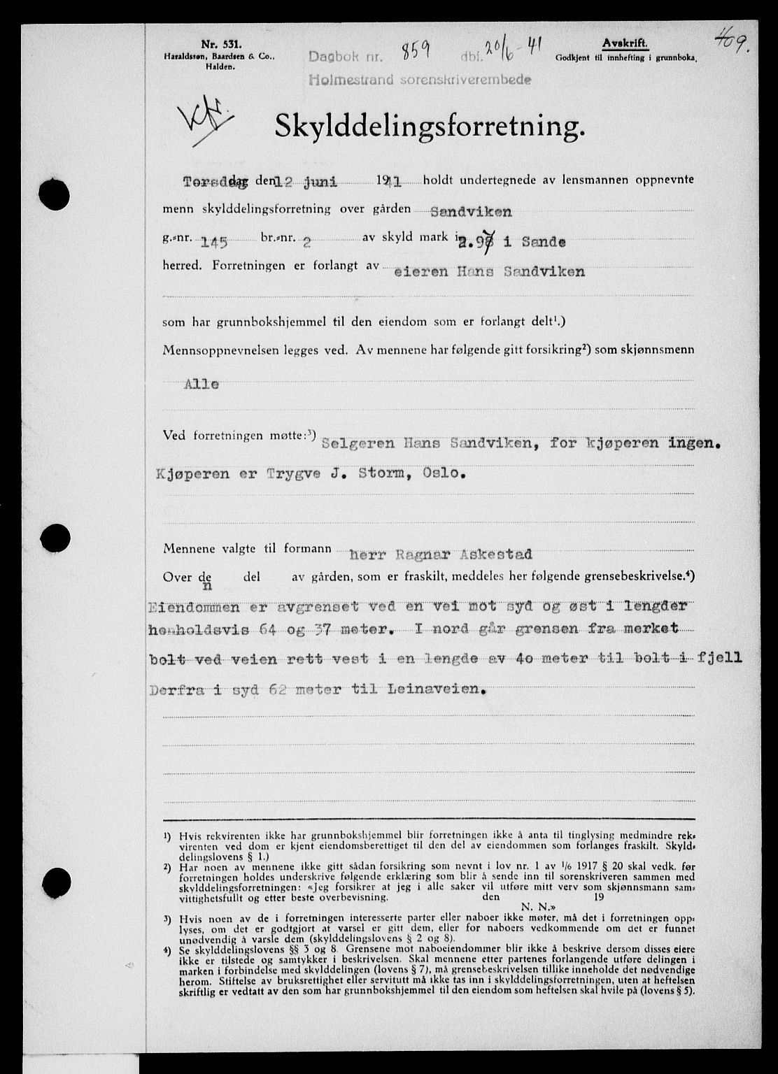 Holmestrand sorenskriveri, SAKO/A-67/G/Ga/Gaa/L0053: Pantebok nr. A-53, 1941-1941, Dagboknr: 859/1941