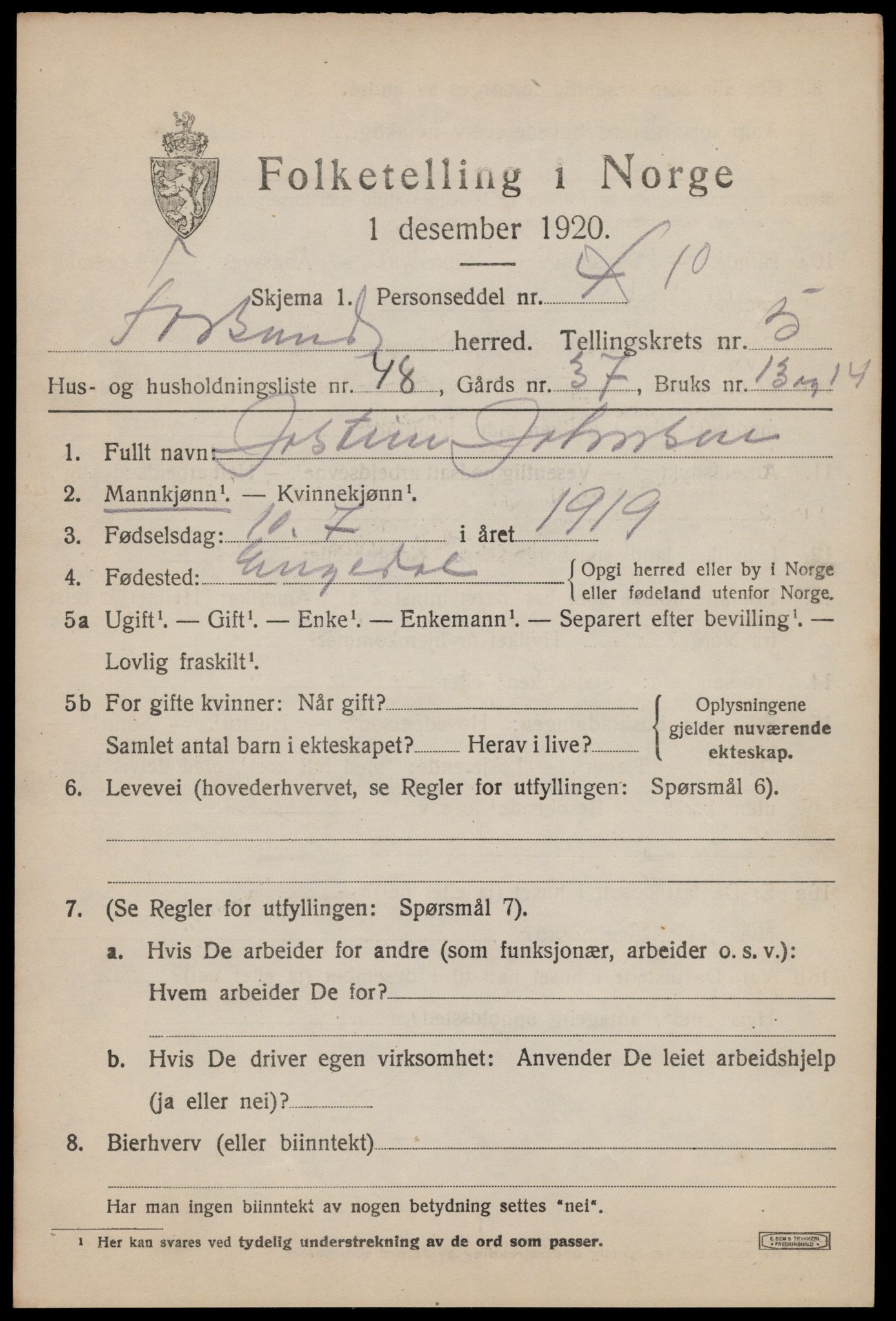 SAST, Folketelling 1920 for 1129 Forsand herred, 1920, s. 2293