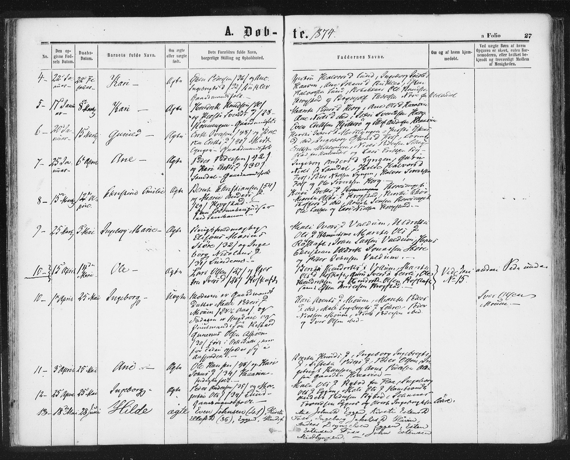 Ministerialprotokoller, klokkerbøker og fødselsregistre - Sør-Trøndelag, AV/SAT-A-1456/692/L1104: Ministerialbok nr. 692A04, 1862-1878, s. 27