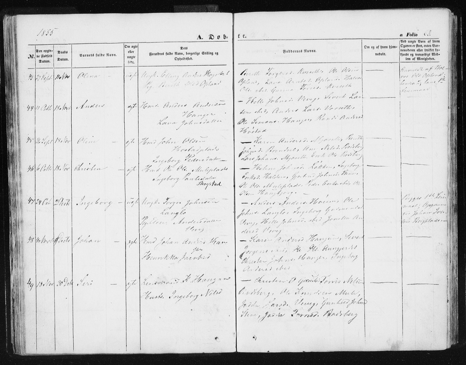 Ministerialprotokoller, klokkerbøker og fødselsregistre - Sør-Trøndelag, SAT/A-1456/612/L0376: Ministerialbok nr. 612A08, 1846-1859, s. 63