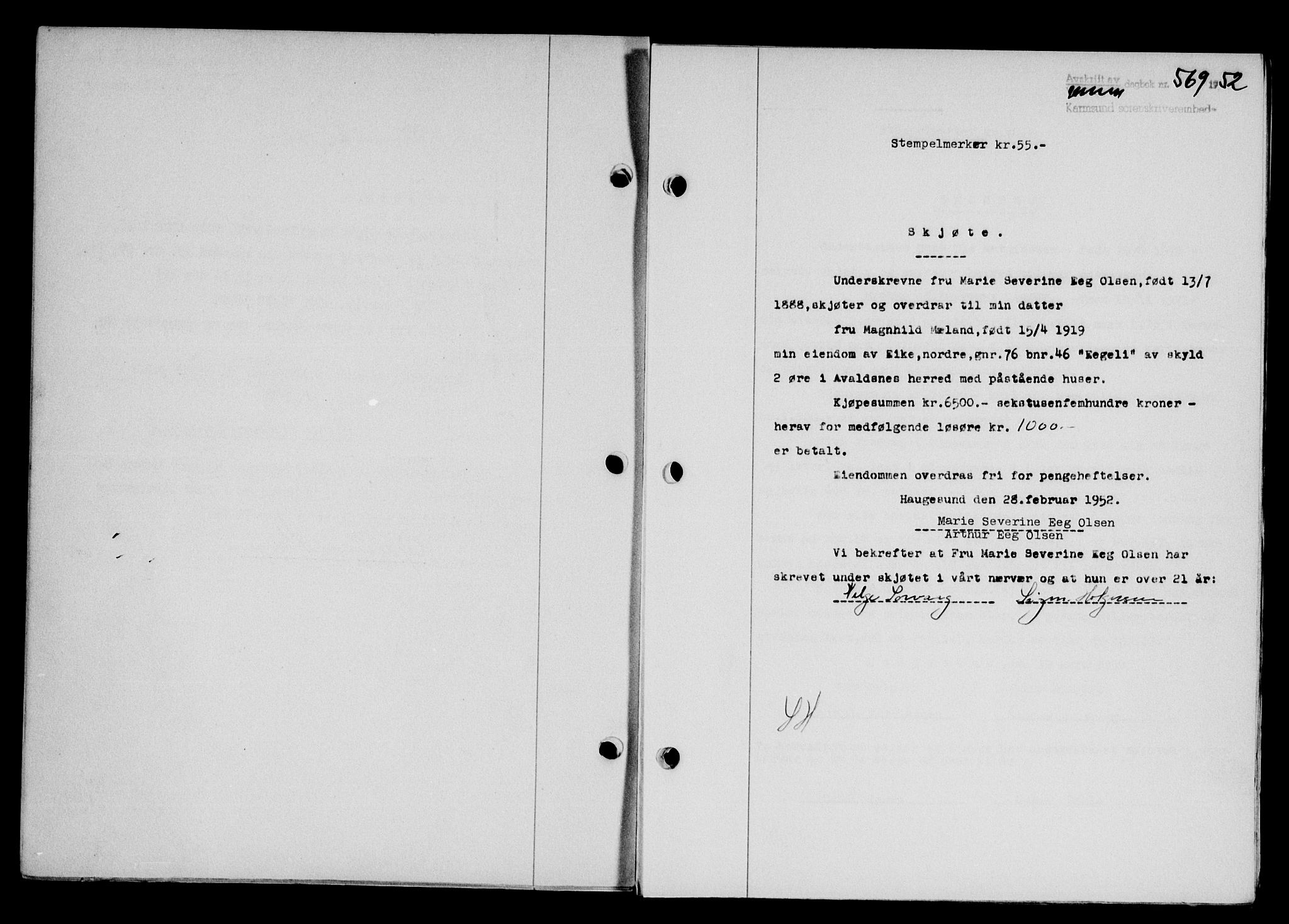 Karmsund sorenskriveri, SAST/A-100311/01/II/IIB/L0105: Pantebok nr. 85A, 1952-1952, Dagboknr: 569/1952