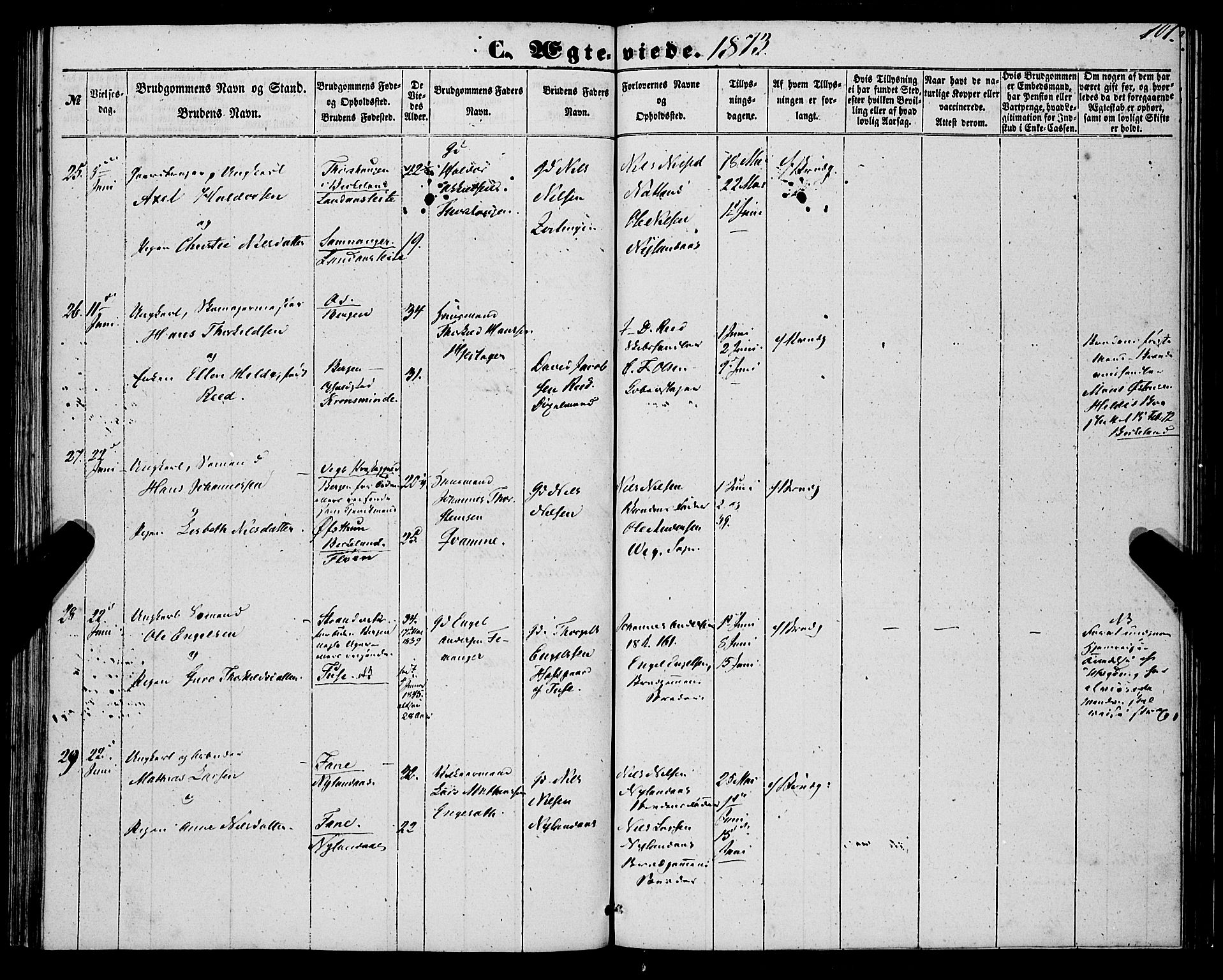 St. Jørgens hospital og Årstad sokneprestembete, AV/SAB-A-99934: Ministerialbok nr. A 9, 1853-1878, s. 101