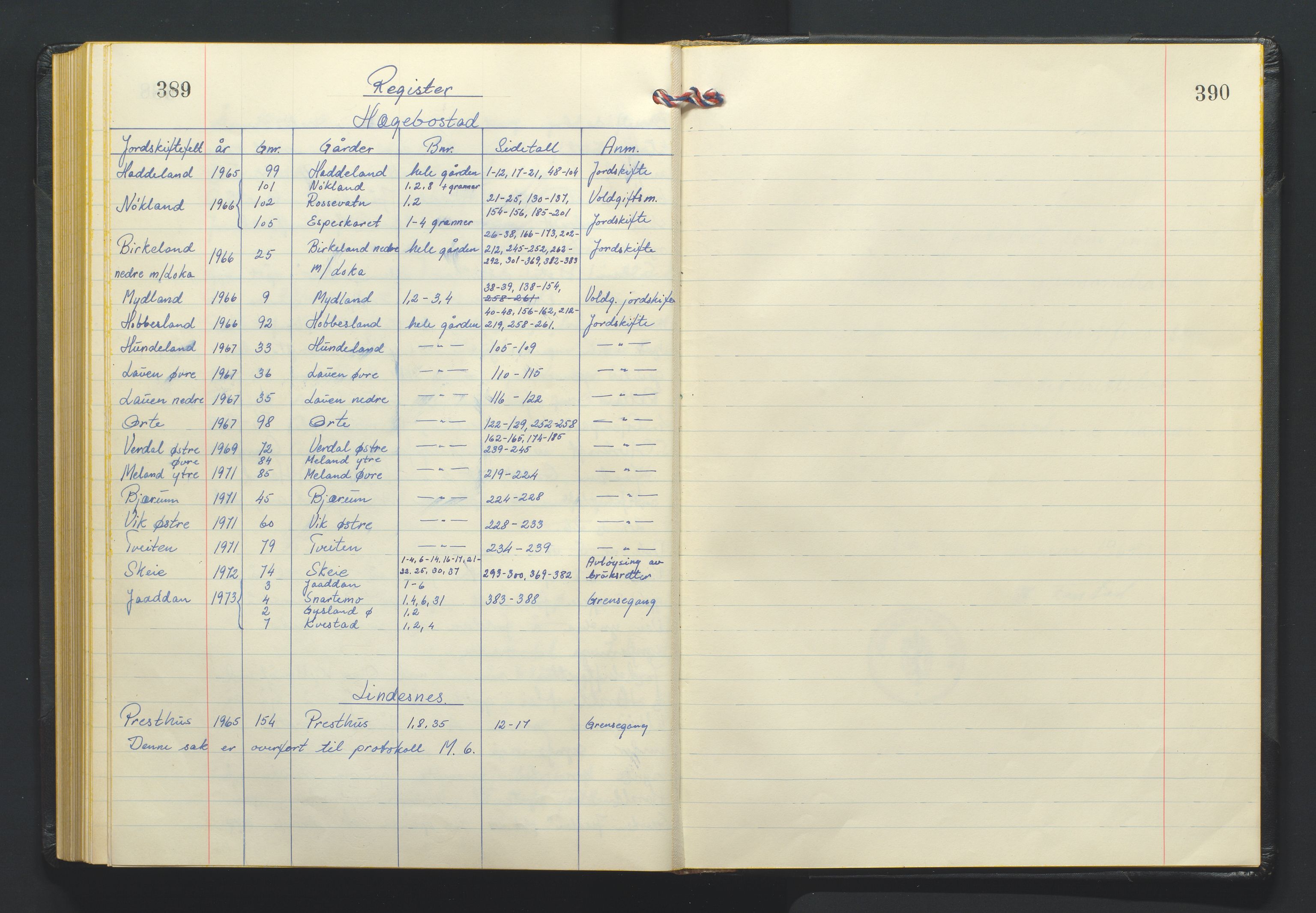 Marnar jordskifterett, SAK/1541-0006/F/Fa/L0017: Jordskifterettsbok Lyngdal domssokn (L2), 1965-1973, s. 389-390