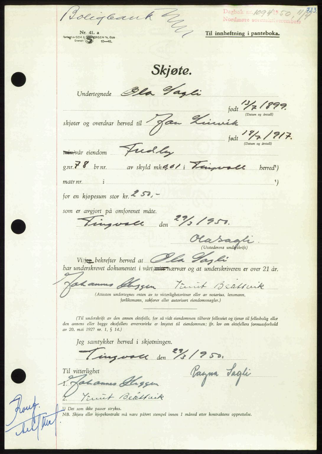 Nordmøre sorenskriveri, AV/SAT-A-4132/1/2/2Ca: Pantebok nr. A114, 1950-1950, Dagboknr: 1094/1950