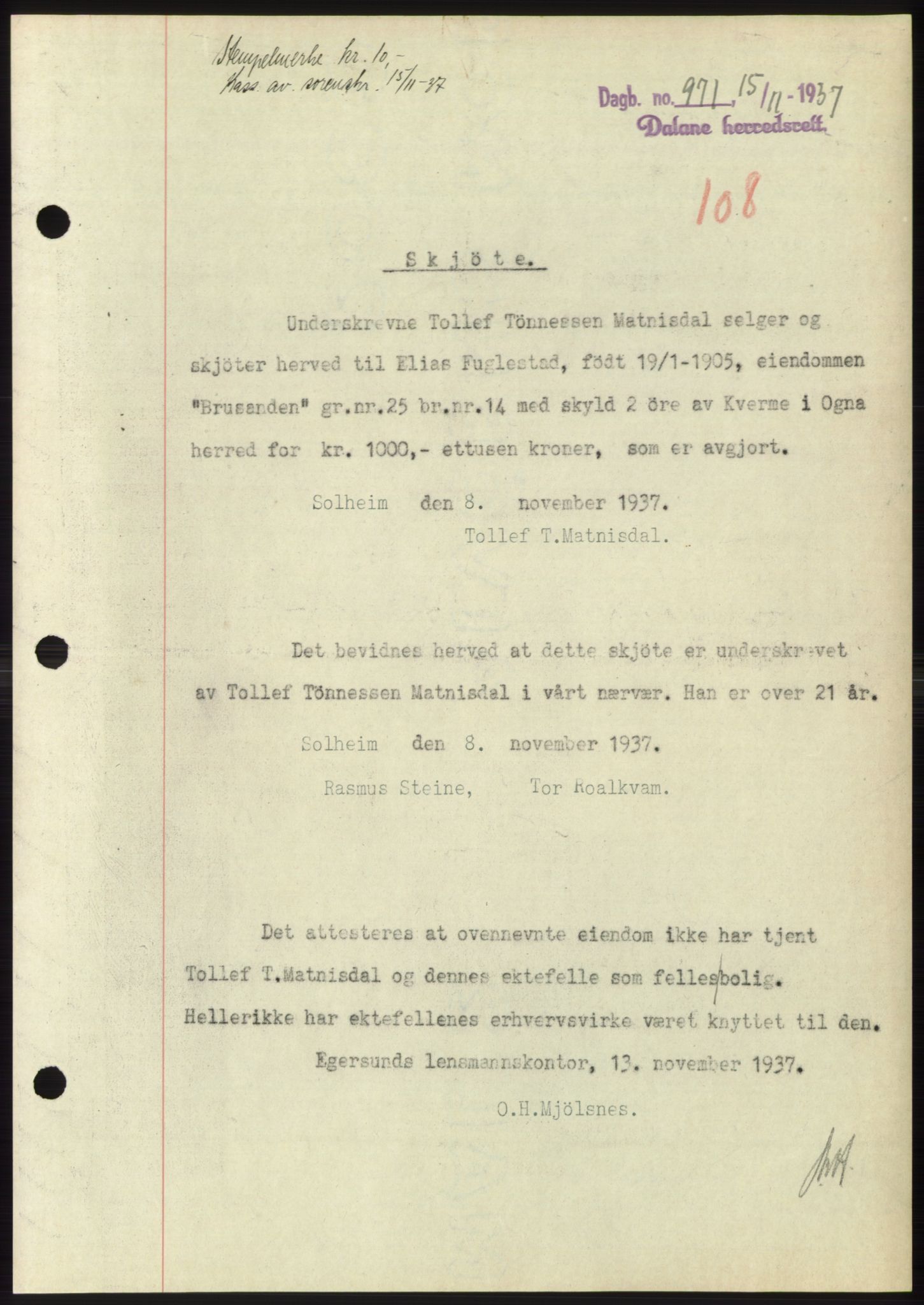 Dalane sorenskriveri, SAST/A-100309/02/G/Gb/L0058: Pantebok, 1926-1950, Tingl.dato: 15.11.1937