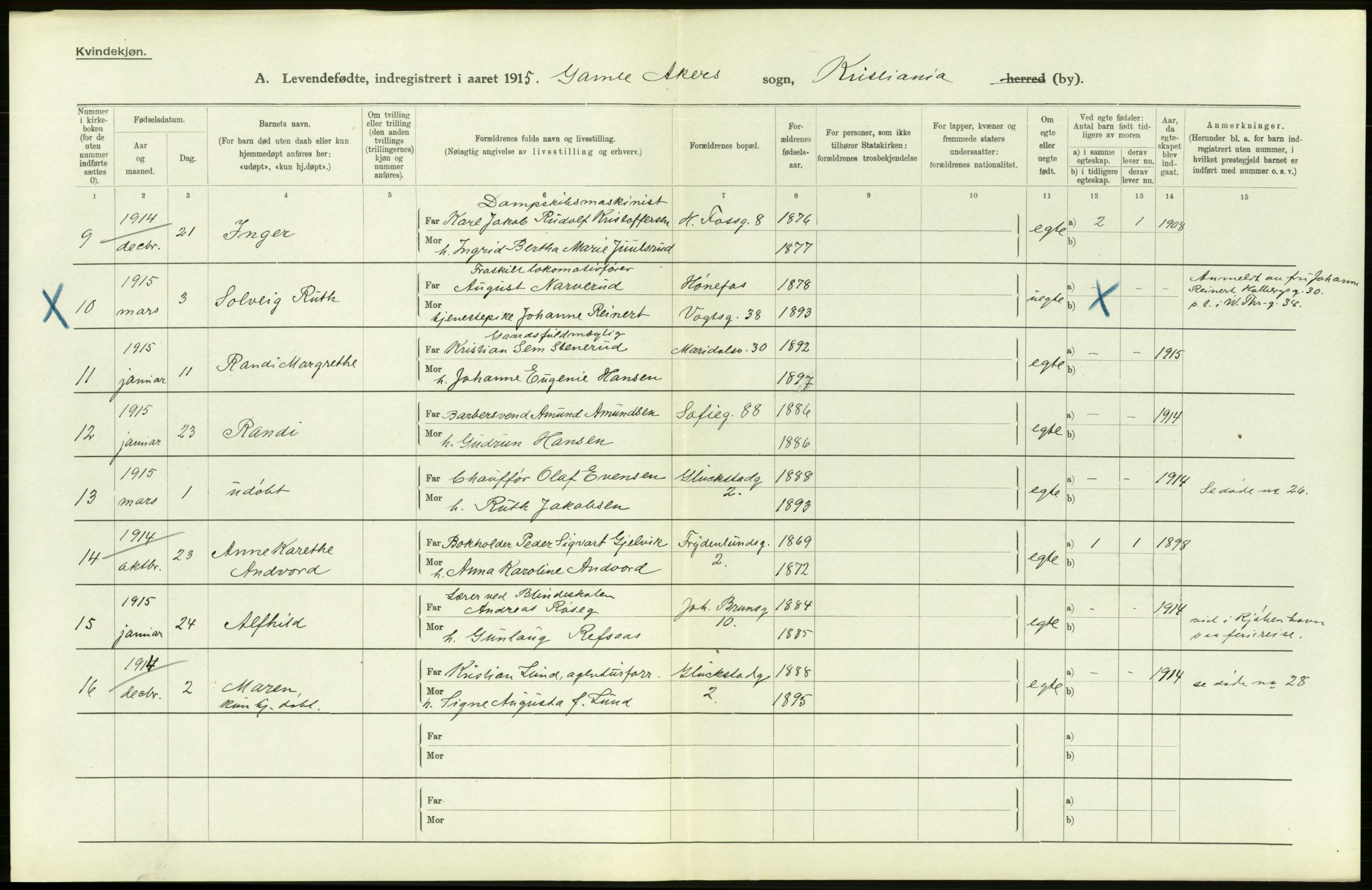 Statistisk sentralbyrå, Sosiodemografiske emner, Befolkning, AV/RA-S-2228/D/Df/Dfb/Dfbe/L0007: Kristiania: Levendefødte menn og kvinner., 1915, s. 370