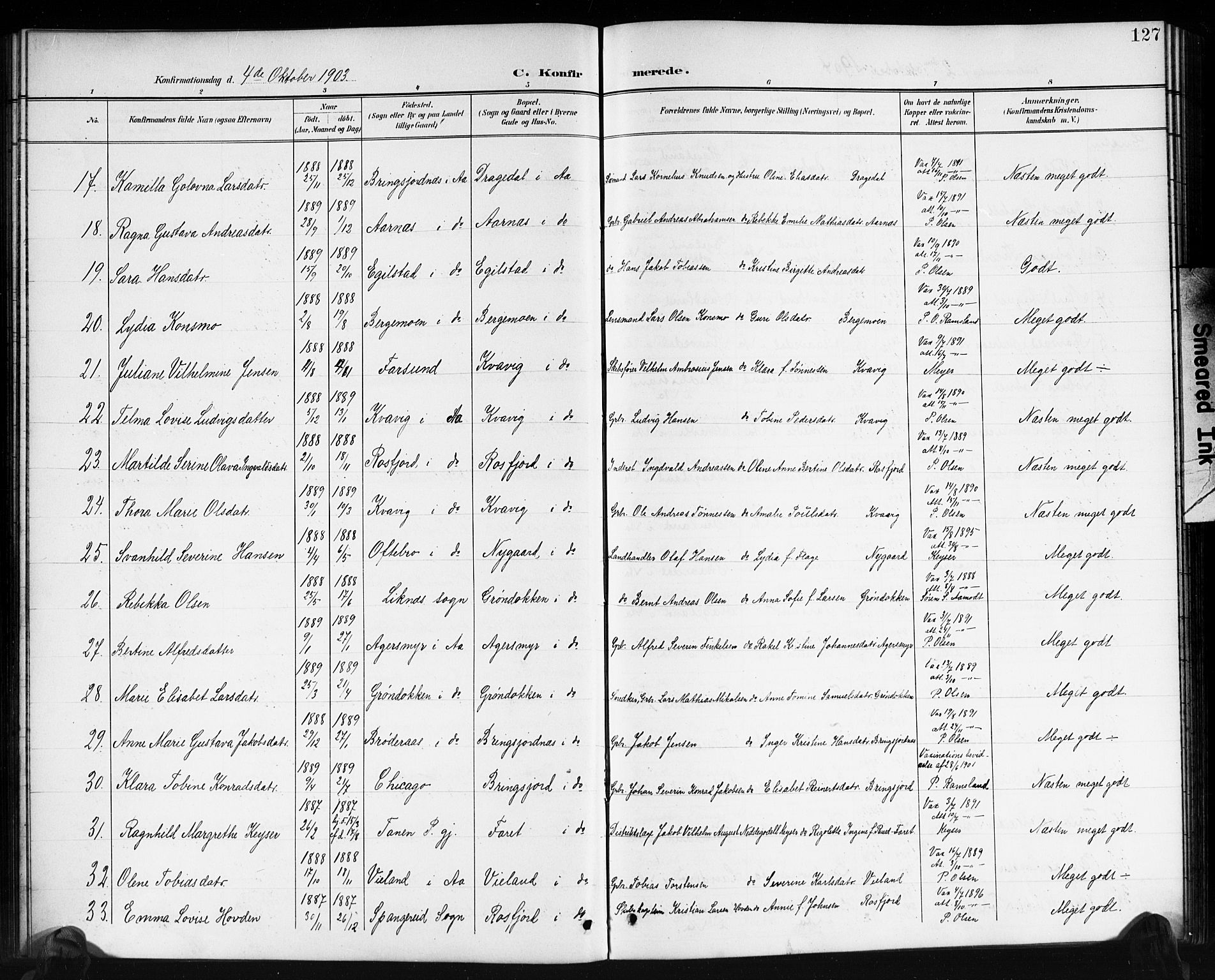Lyngdal sokneprestkontor, AV/SAK-1111-0029/F/Fb/Fbc/L0005: Klokkerbok nr. B 5, 1897-1913, s. 127