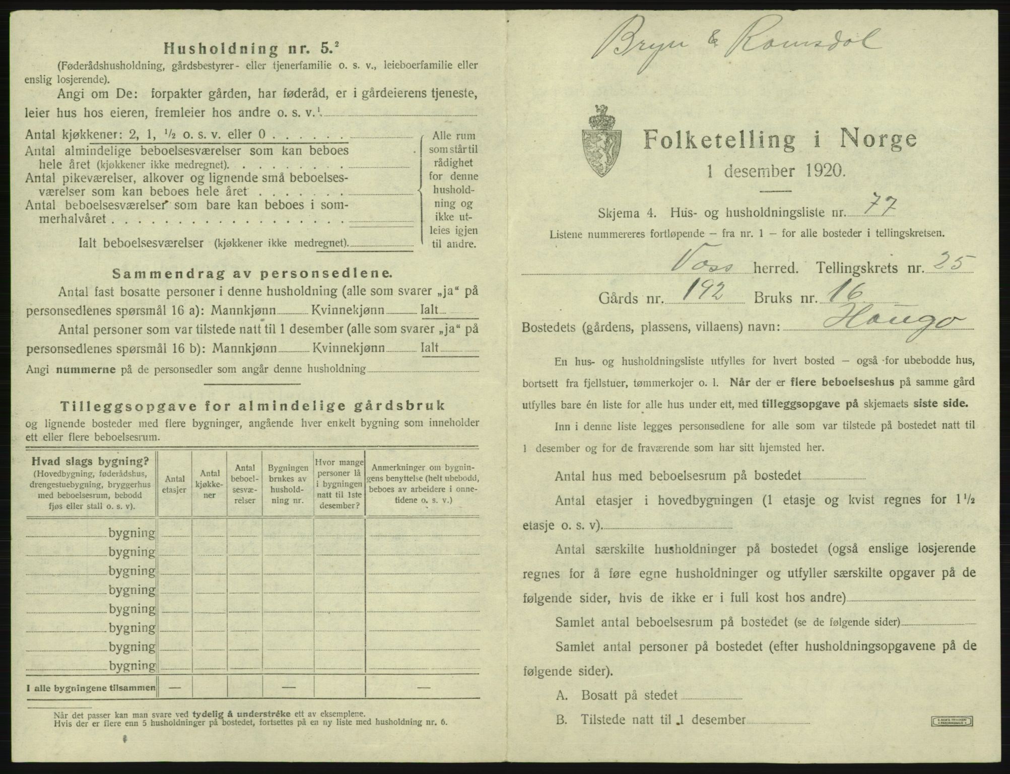 SAB, Folketelling 1920 for 1235 Voss herred, 1920, s. 2319