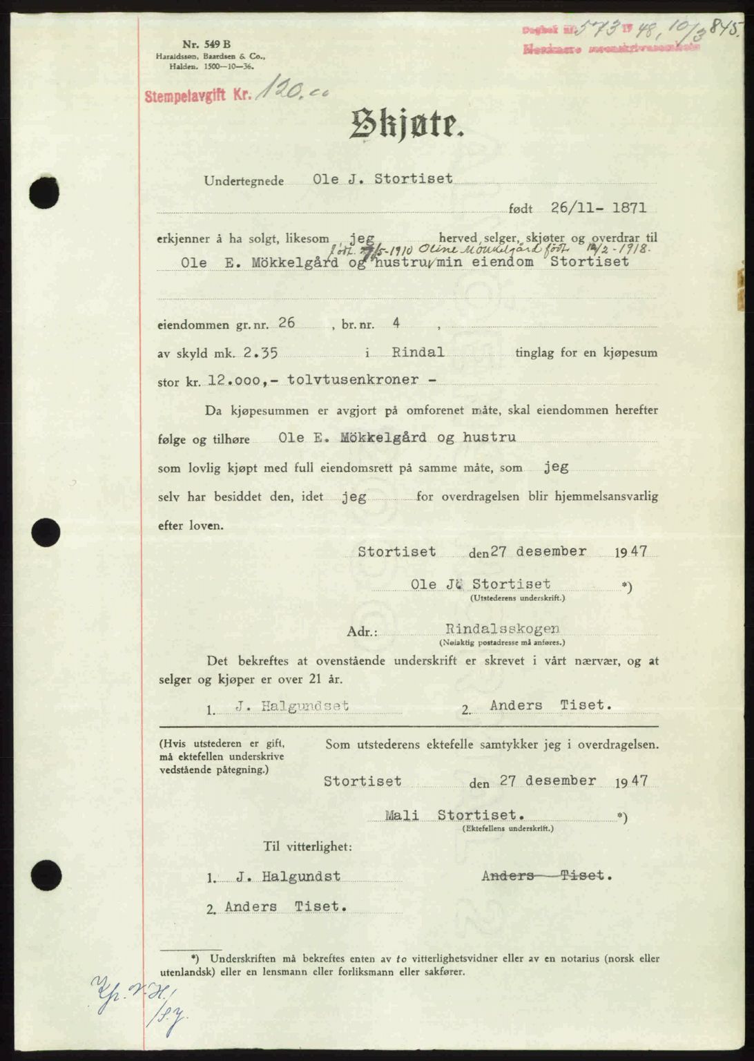 Nordmøre sorenskriveri, SAT/A-4132/1/2/2Ca: Pantebok nr. A107, 1947-1948, Dagboknr: 573/1948