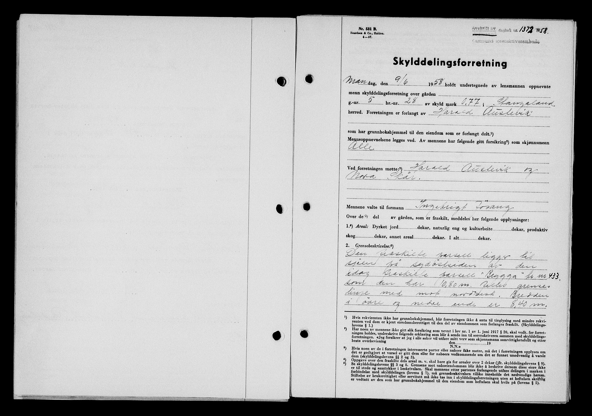 Karmsund sorenskriveri, SAST/A-100311/01/II/IIB/L0128: Pantebok nr. 108A, 1958-1958, Dagboknr: 1372/1958