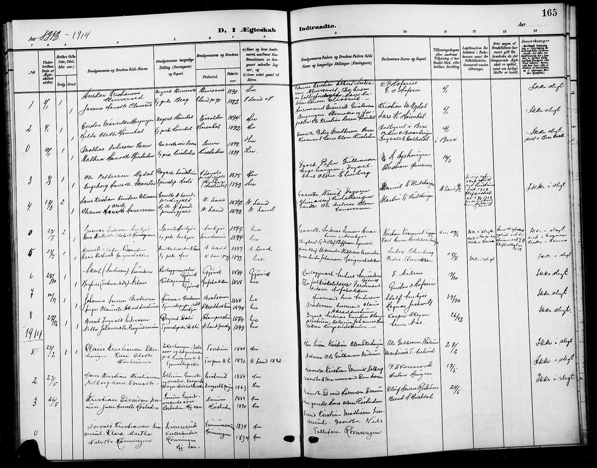 Biri prestekontor, AV/SAH-PREST-096/H/Ha/Hab/L0005: Klokkerbok nr. 5, 1906-1919, s. 165