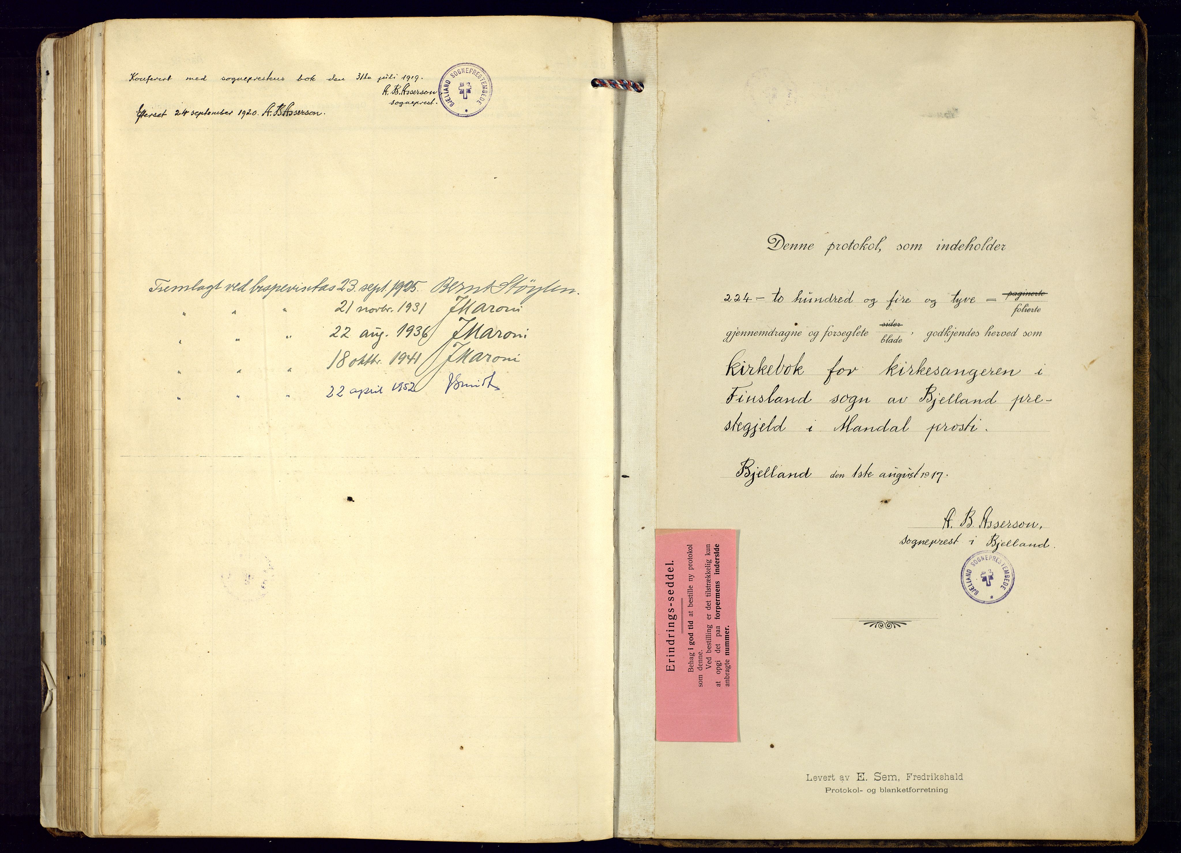Bjelland sokneprestkontor, SAK/1111-0005/F/Fb/Fbb/L0006: Klokkerbok nr. B-6, 1918-1946