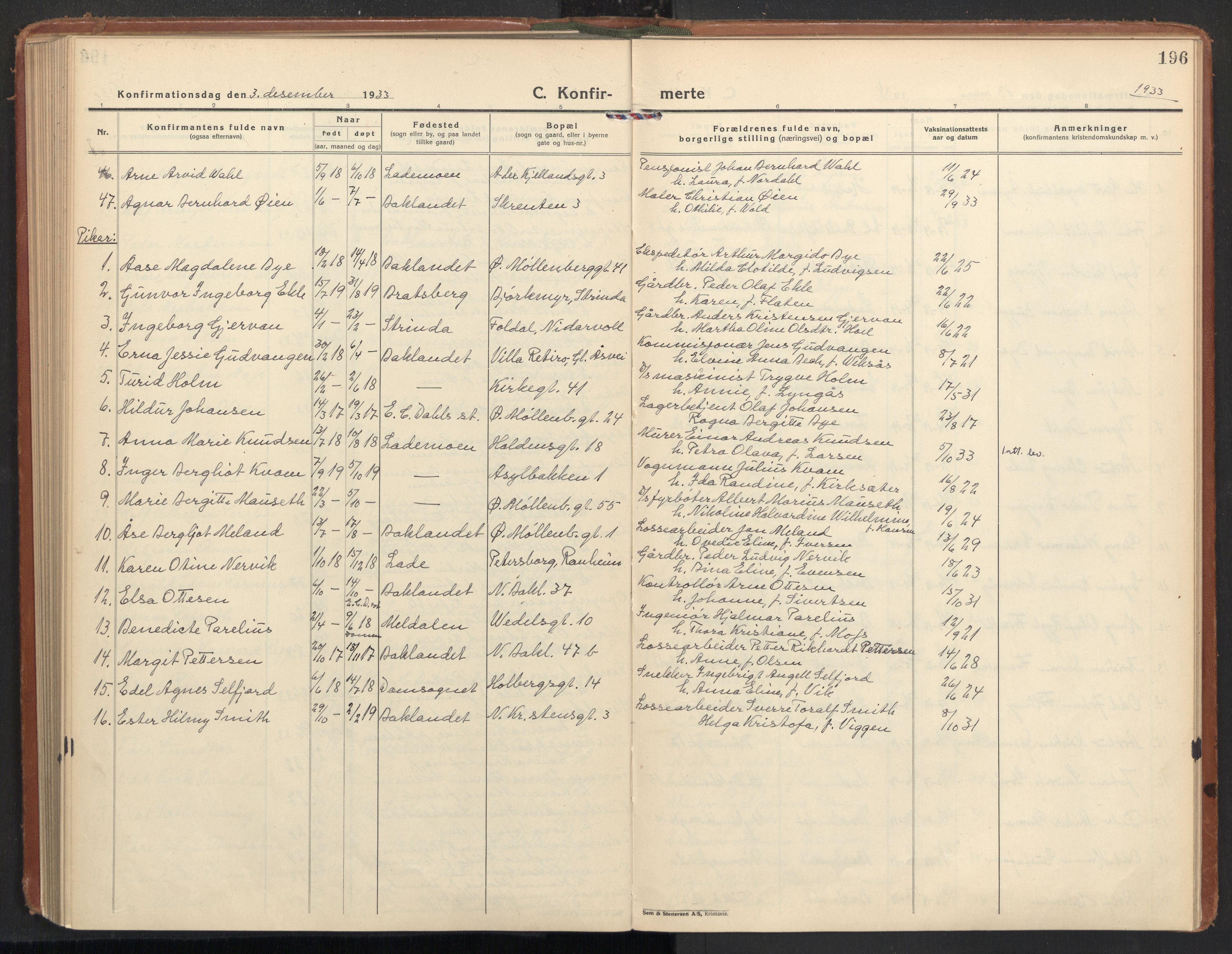 Ministerialprotokoller, klokkerbøker og fødselsregistre - Sør-Trøndelag, SAT/A-1456/604/L0208: Ministerialbok nr. 604A28, 1923-1937, s. 196