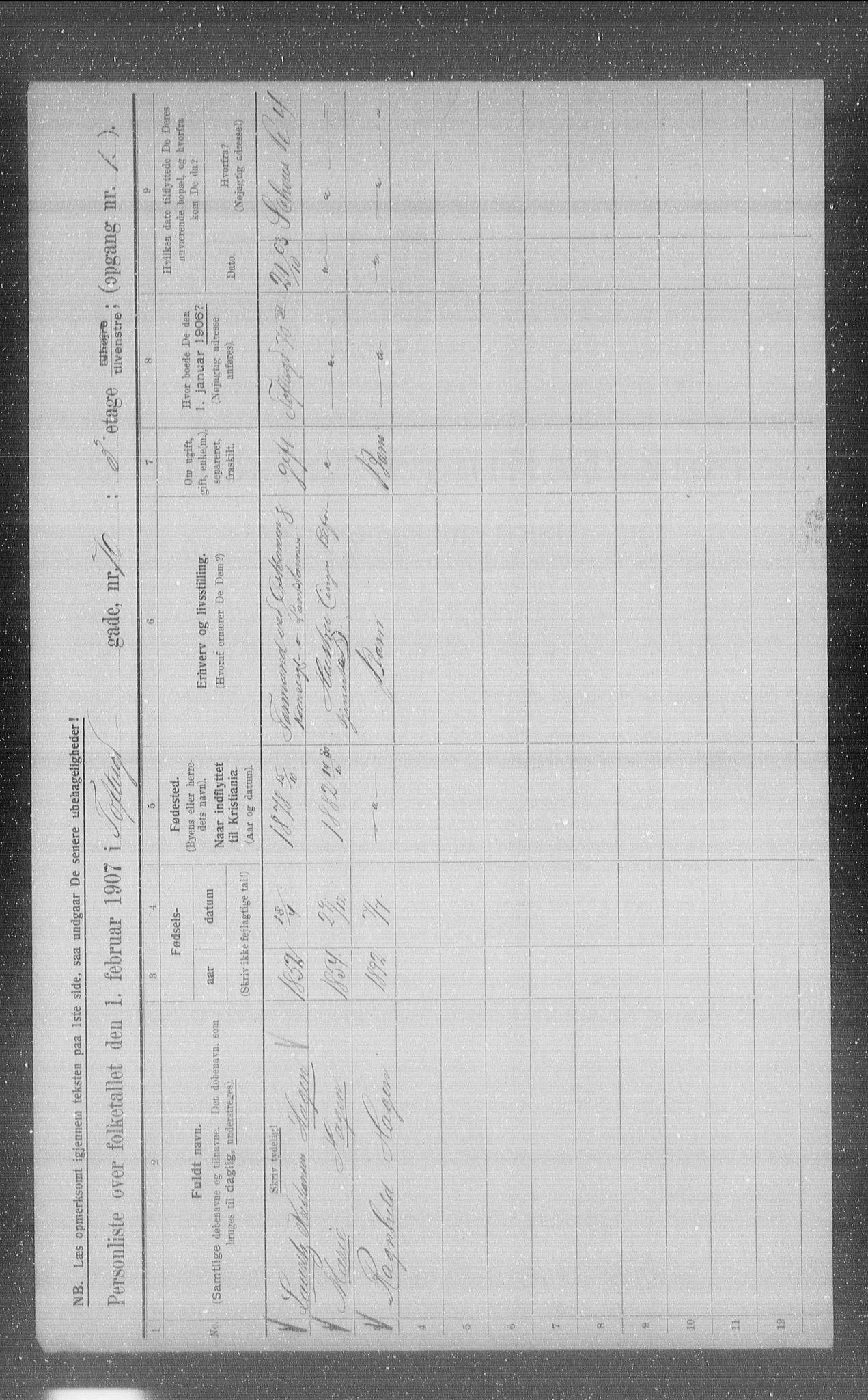 OBA, Kommunal folketelling 1.2.1907 for Kristiania kjøpstad, 1907, s. 57415