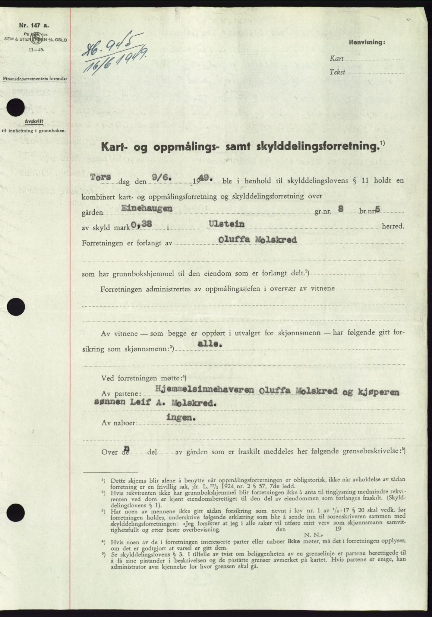 Søre Sunnmøre sorenskriveri, SAT/A-4122/1/2/2C/L0084: Pantebok nr. 10A, 1949-1949, Dagboknr: 945/1949