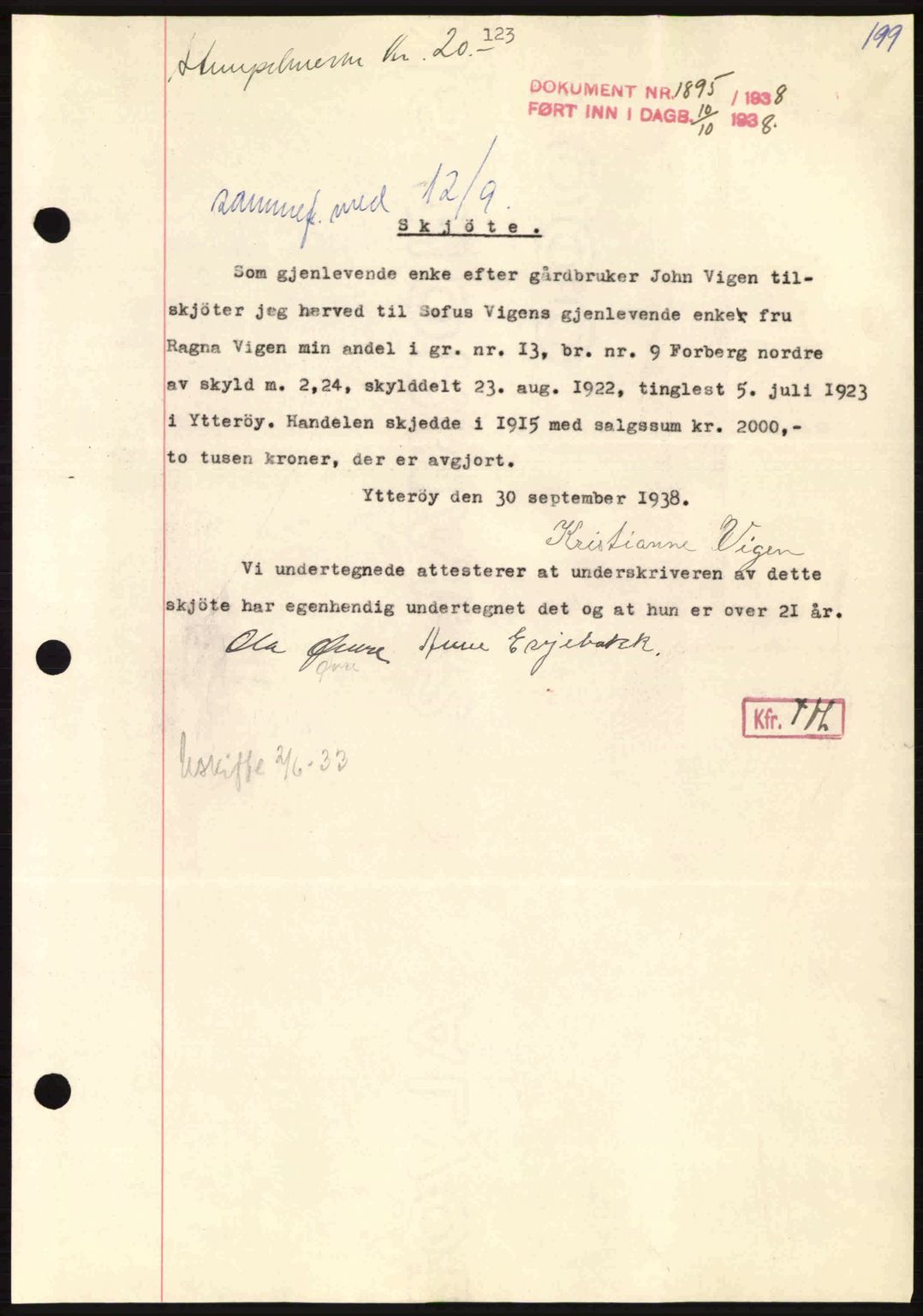 Inderøy sorenskriveri, SAT/A-4147/1/2/2C: Pantebok nr. Y1, 1936-1950, Dagboknr: 1895/1938