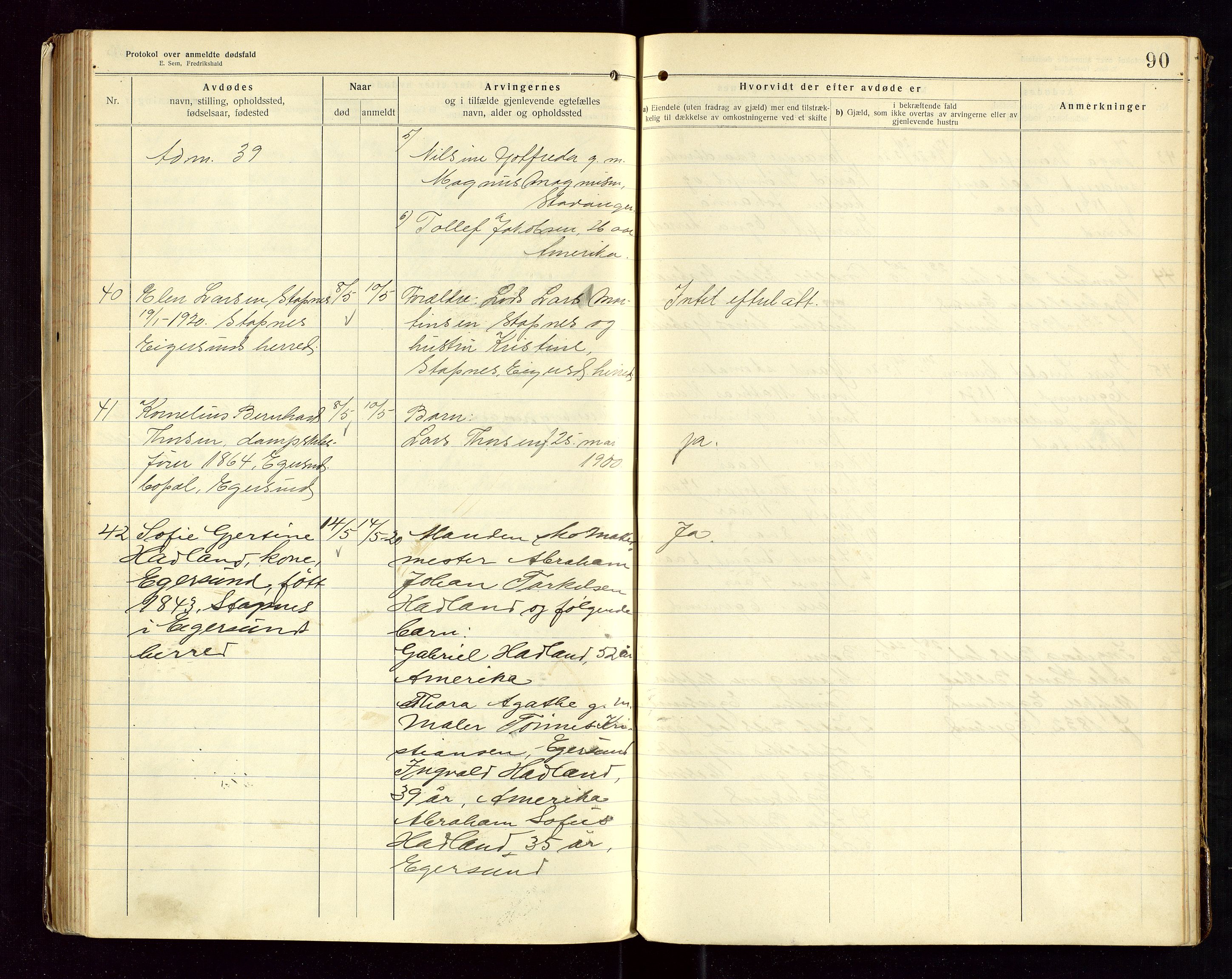 Eigersund lensmannskontor, AV/SAST-A-100171/Gga/L0007: "Protokol over anmeldte dødsfald" m/alfabetisk navneregister, 1917-1920, s. 90