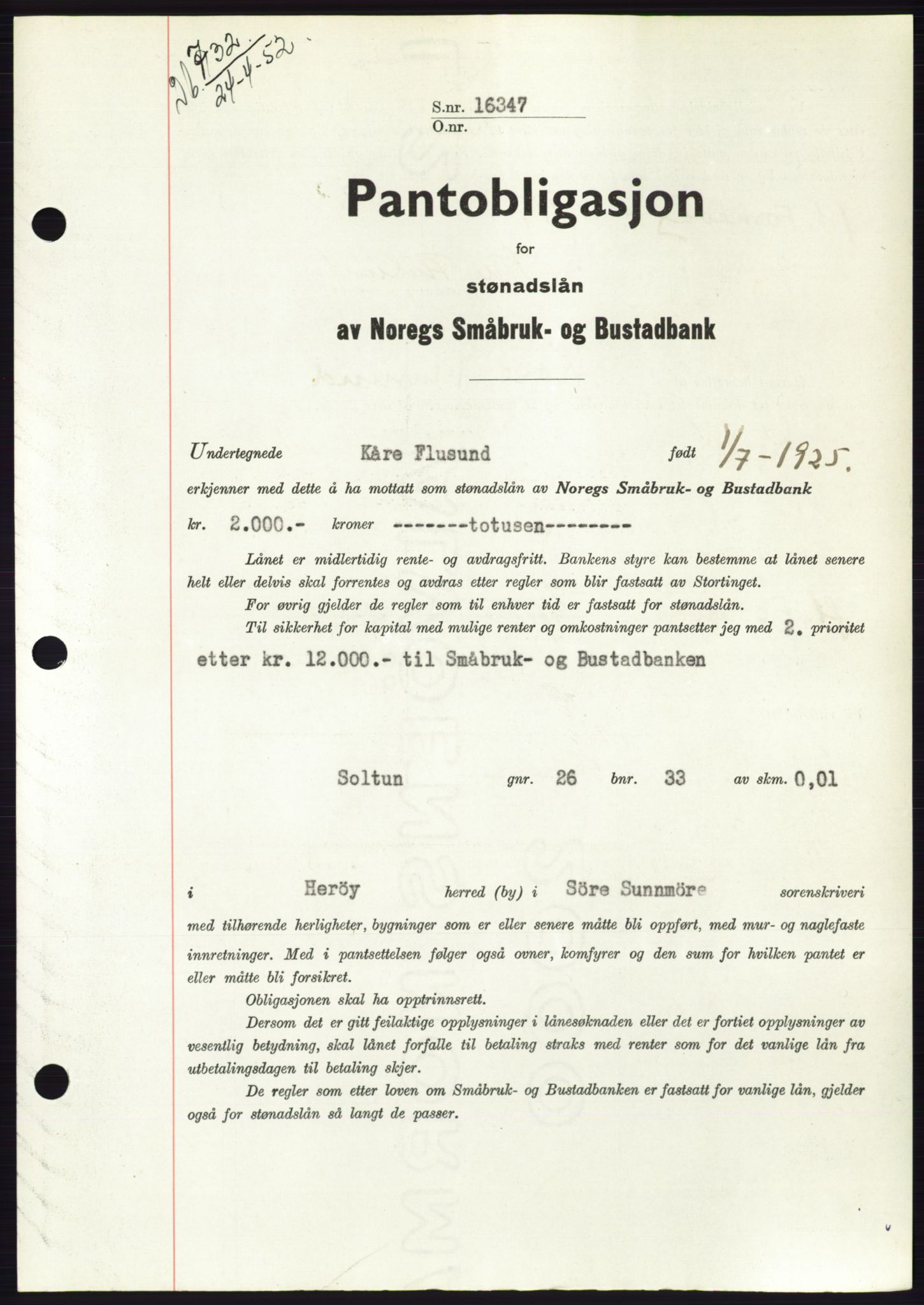 Søre Sunnmøre sorenskriveri, AV/SAT-A-4122/1/2/2C/L0121: Pantebok nr. 9B, 1951-1952, Dagboknr: 732/1952