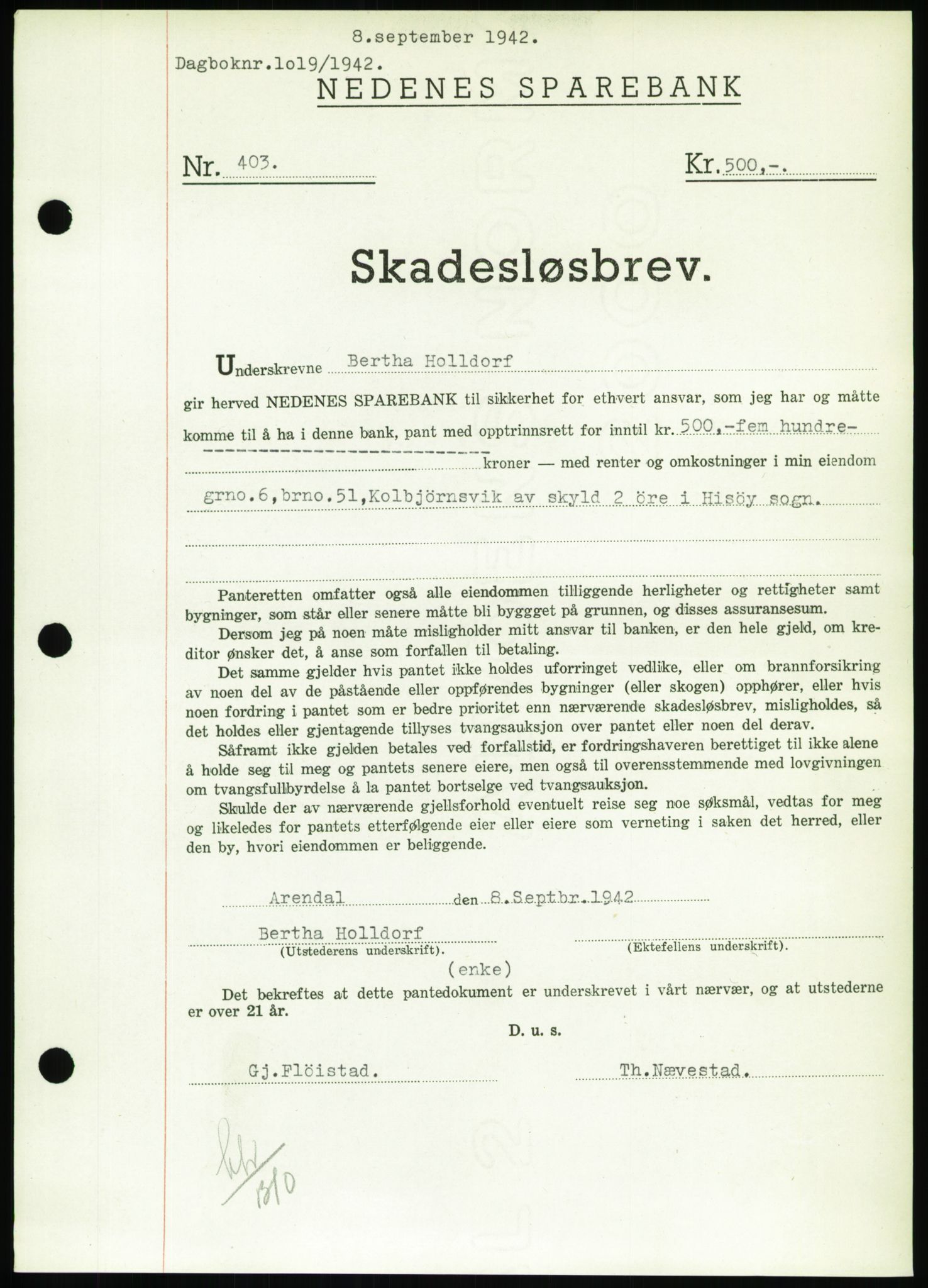Nedenes sorenskriveri, SAK/1221-0006/G/Gb/Gbb/L0002: Pantebok nr. II, 1942-1945, Dagboknr: 1019/1942