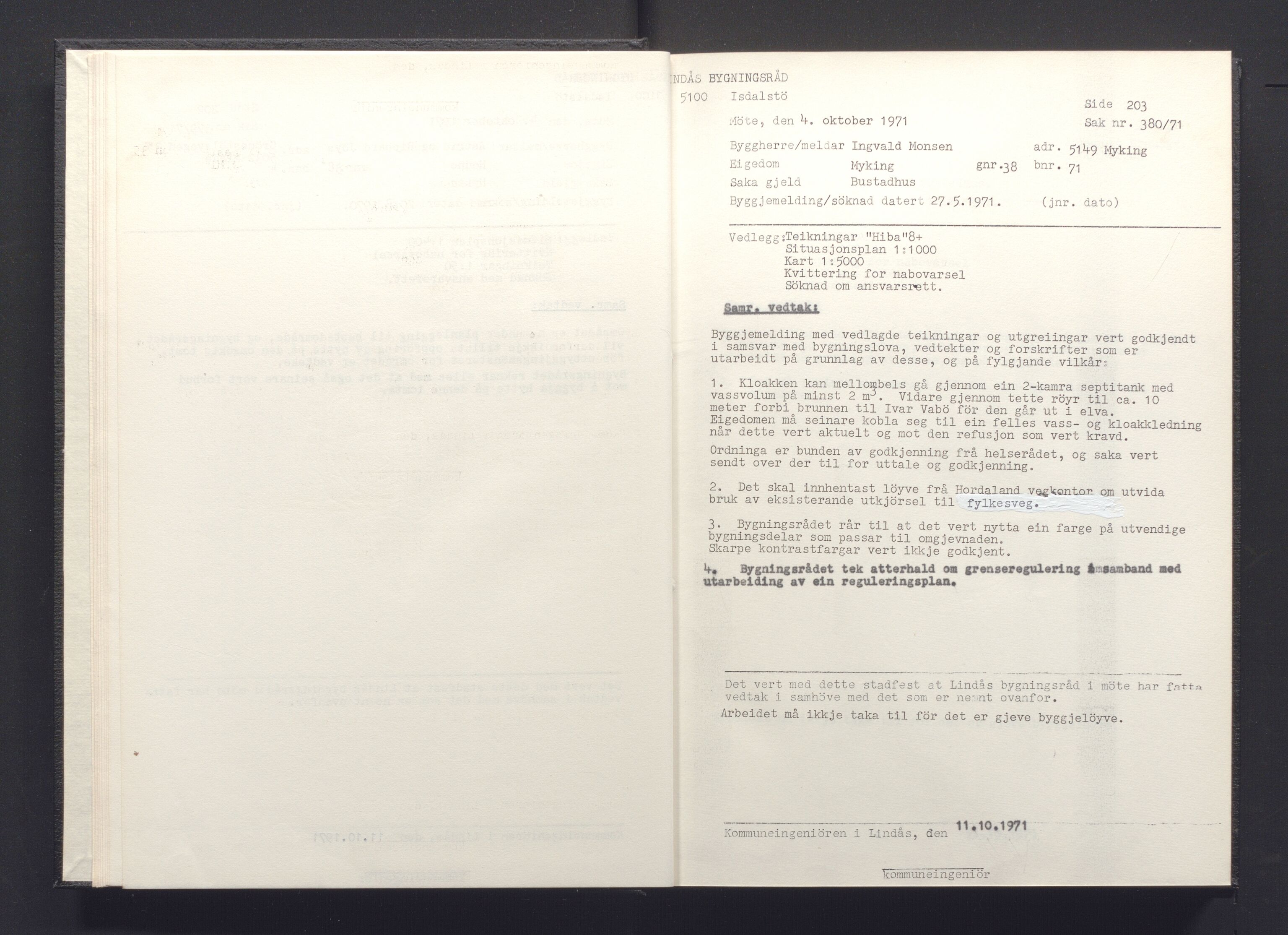 Lindås kommune. Bygningsrådet, IKAH/1263-511/A/Aa/L0008: Møtebok for Lindås bygningsråd, 1971
