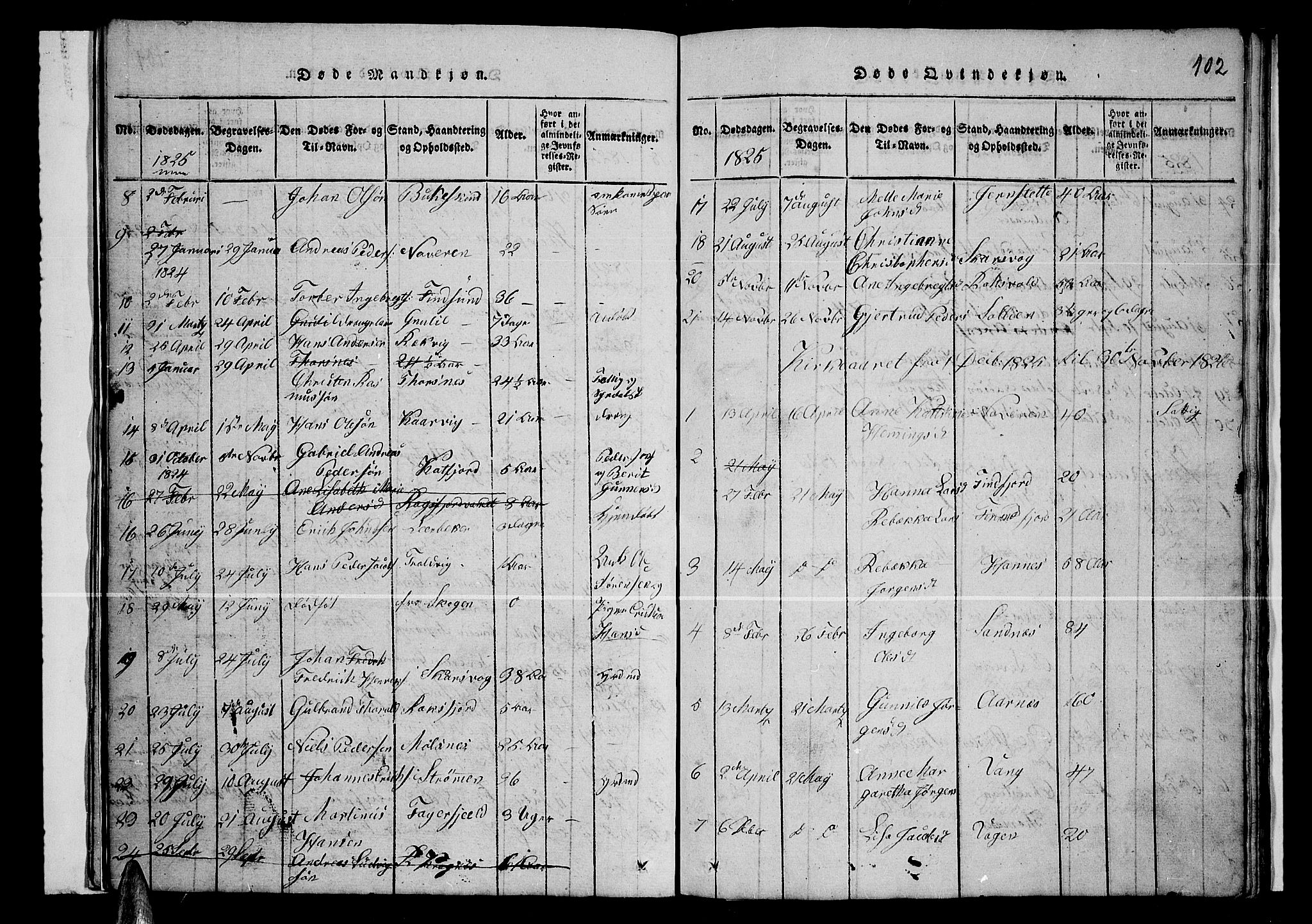 Lenvik sokneprestembete, SATØ/S-1310/H/Ha/Hab/L0001klokker: Klokkerbok nr. 1, 1822-1837, s. 102