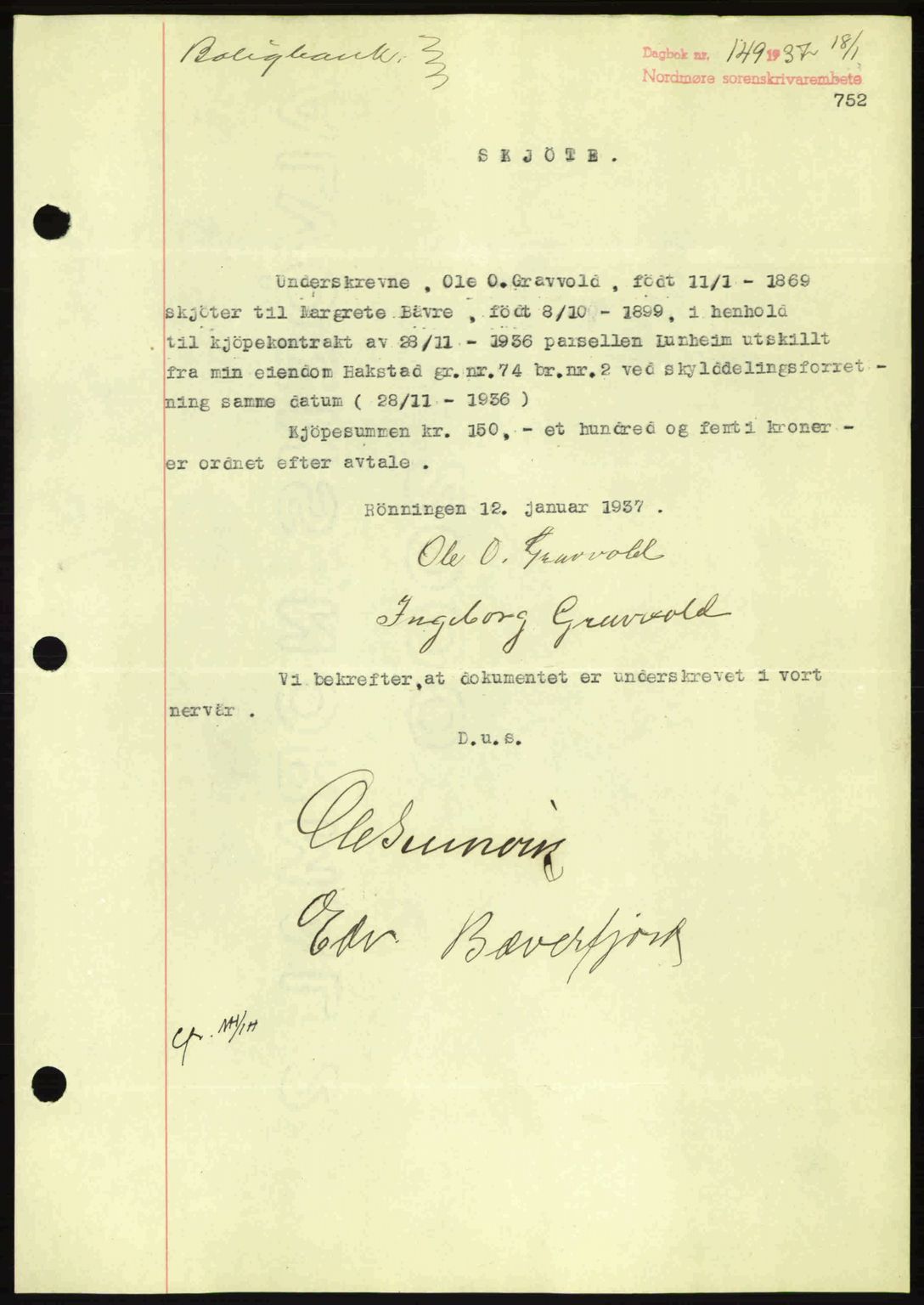 Nordmøre sorenskriveri, SAT/A-4132/1/2/2Ca: Pantebok nr. A80, 1936-1937, Dagboknr: 149/1937