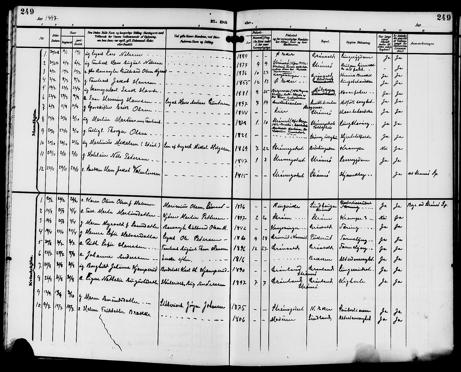 Strømsgodset kirkebøker, AV/SAKO-A-324/G/Ga/L0002: Klokkerbok nr. 2, 1885-1910, s. 249