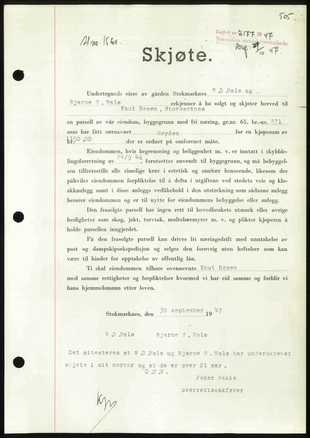 Vesterålen sorenskriveri, SAT/A-4180/1/2/2Ca: Pantebok nr. A21, 1947-1947, Dagboknr: 2177/1947