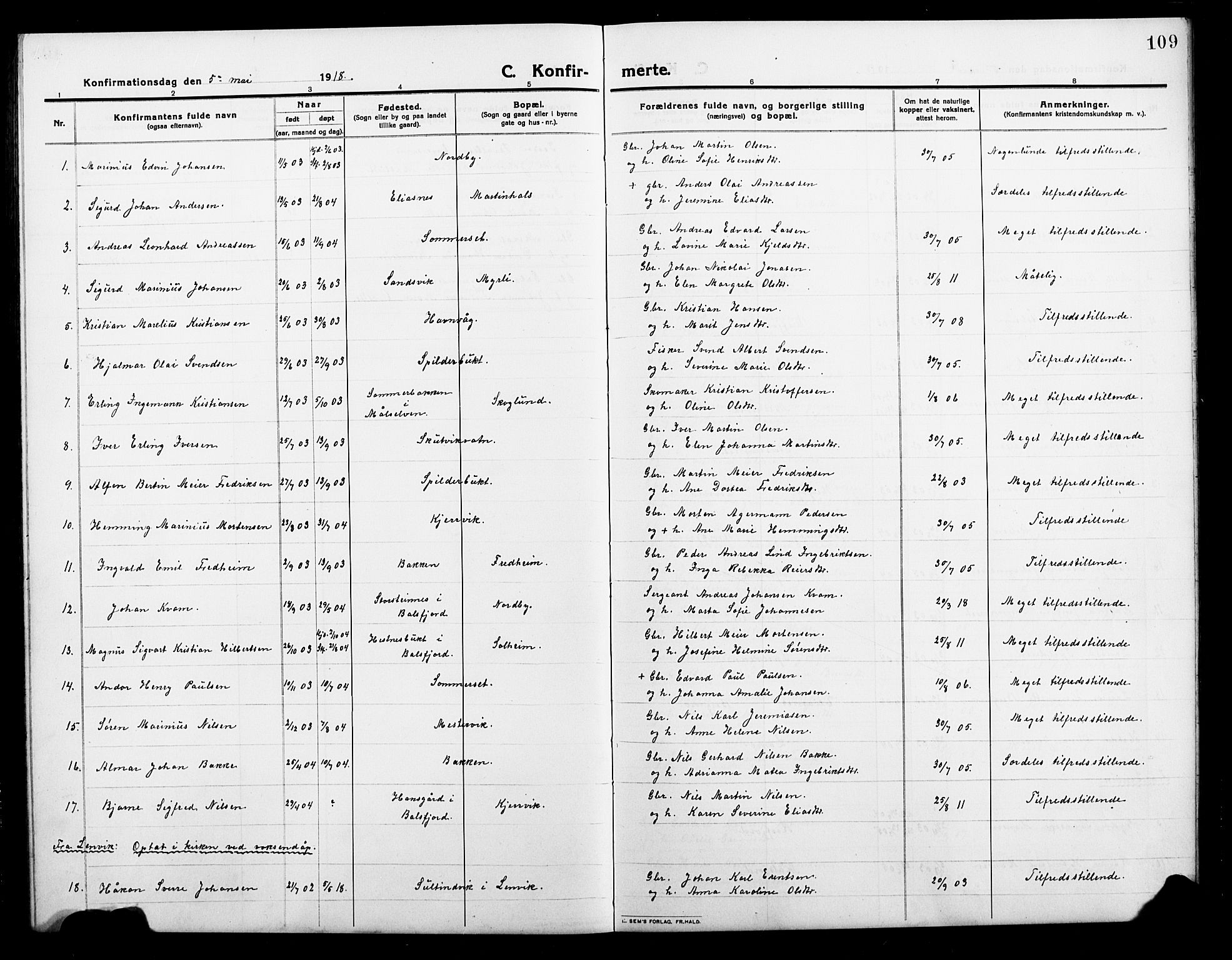 Balsfjord sokneprestembete, AV/SATØ-S-1303/G/Gab/L0004klokker: Klokkerbok nr. 4, 1910-1926, s. 109