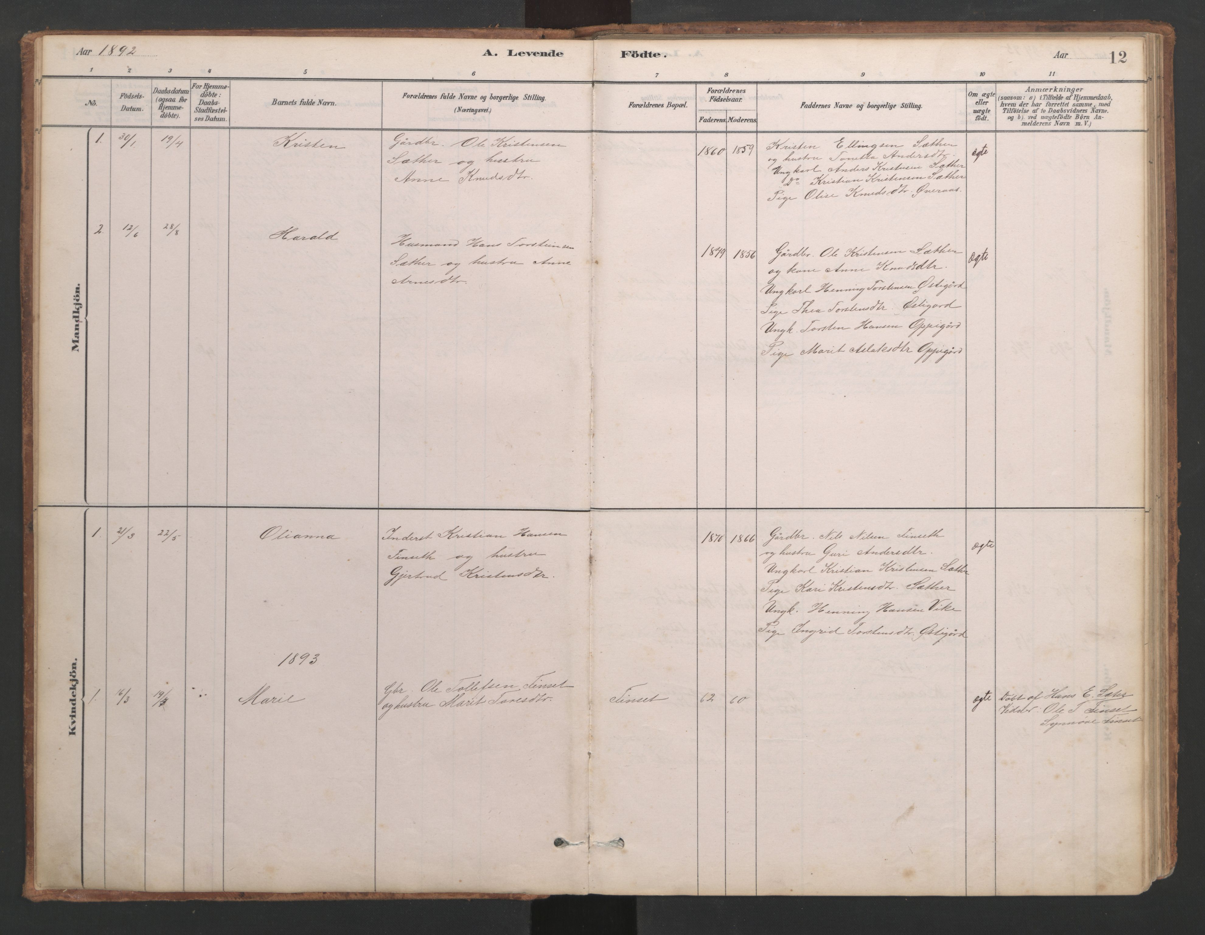 Ministerialprotokoller, klokkerbøker og fødselsregistre - Møre og Romsdal, SAT/A-1454/553/L0642: Klokkerbok nr. 553C01, 1880-1968, s. 12