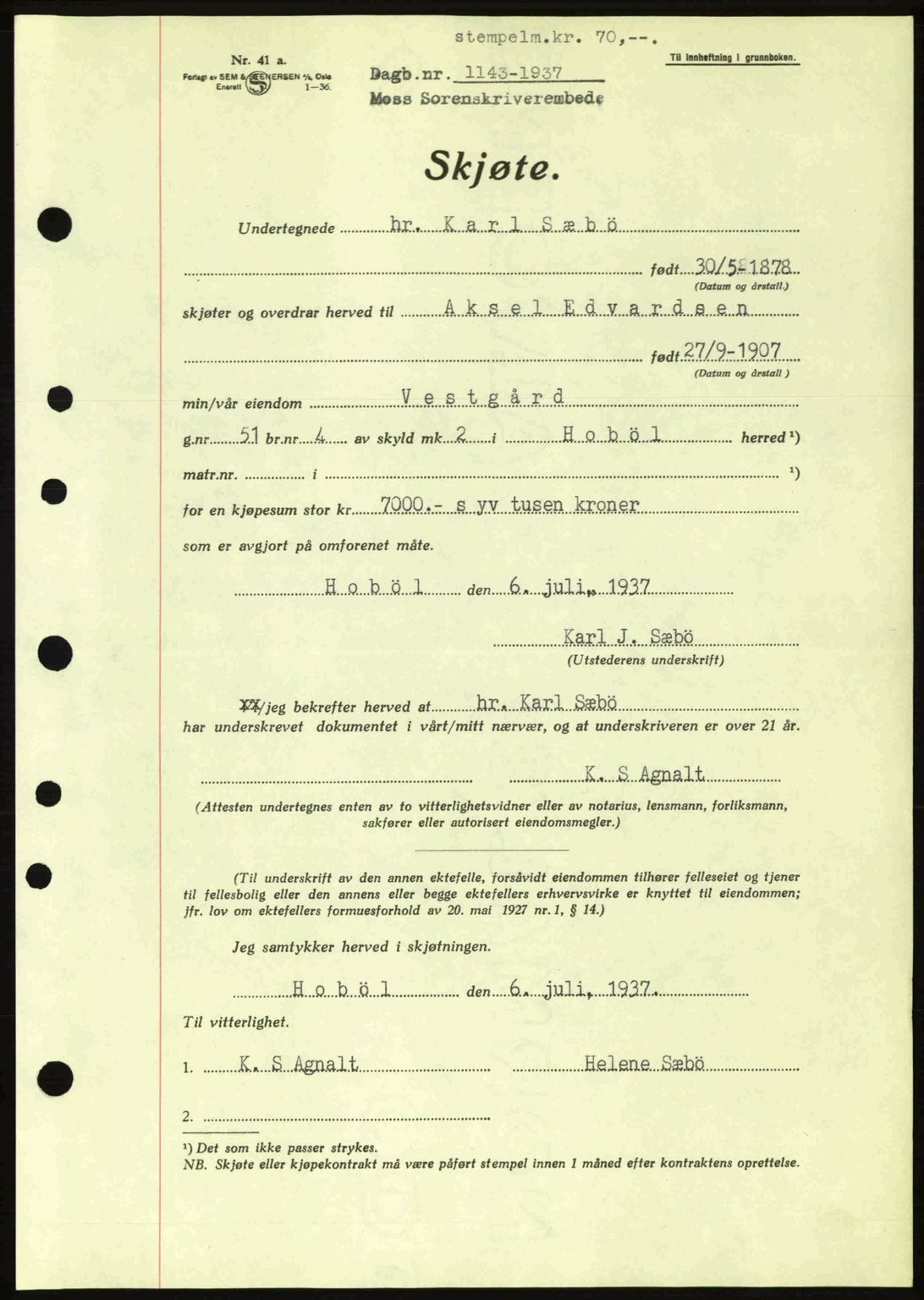 Moss sorenskriveri, SAO/A-10168: Pantebok nr. A3, 1937-1938, Dagboknr: 1143/1937