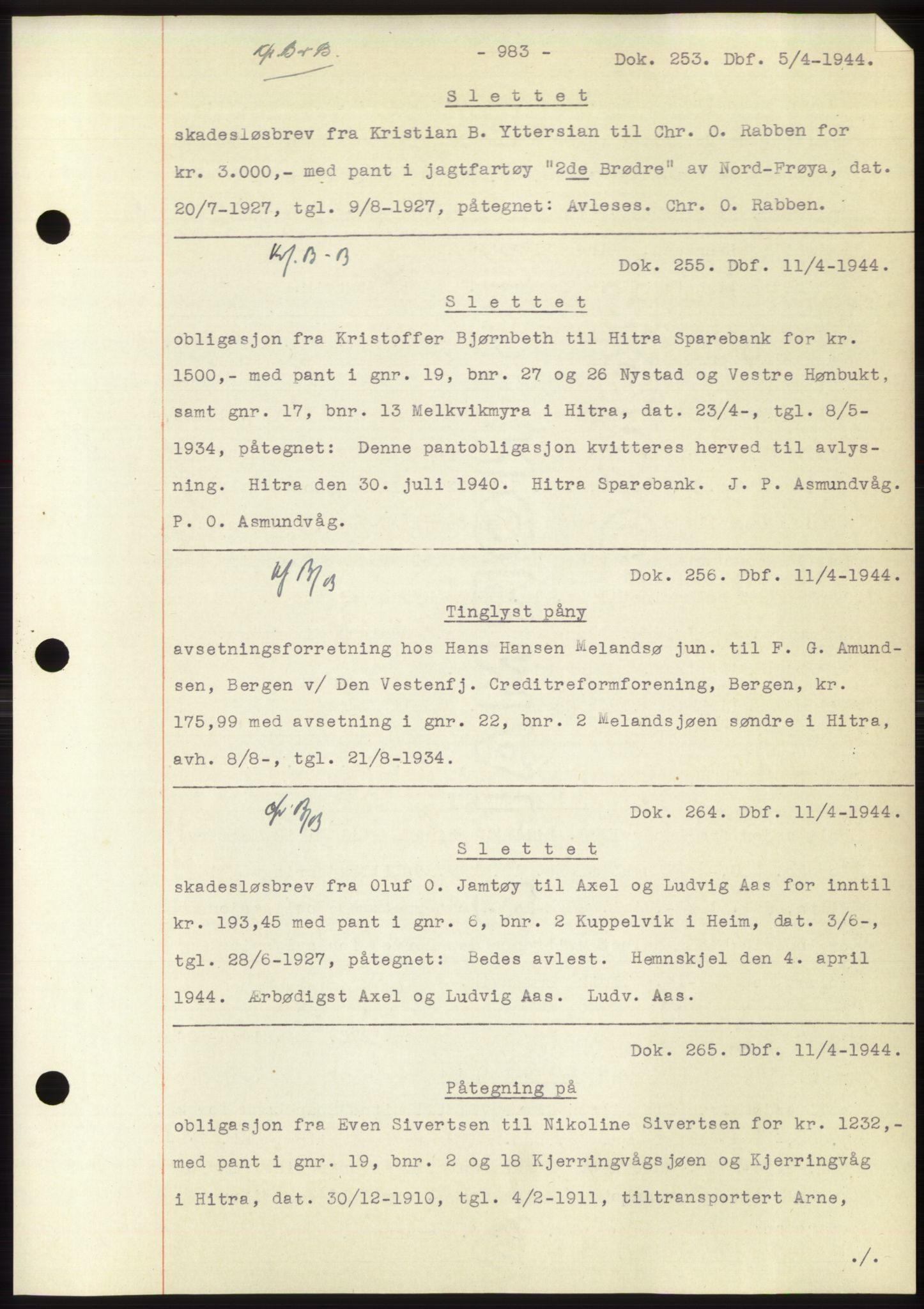 Hitra sorenskriveri, AV/SAT-A-0018/2/2C/2Ca: Pantebok nr. C1, 1936-1945, Dagboknr: 253/1944