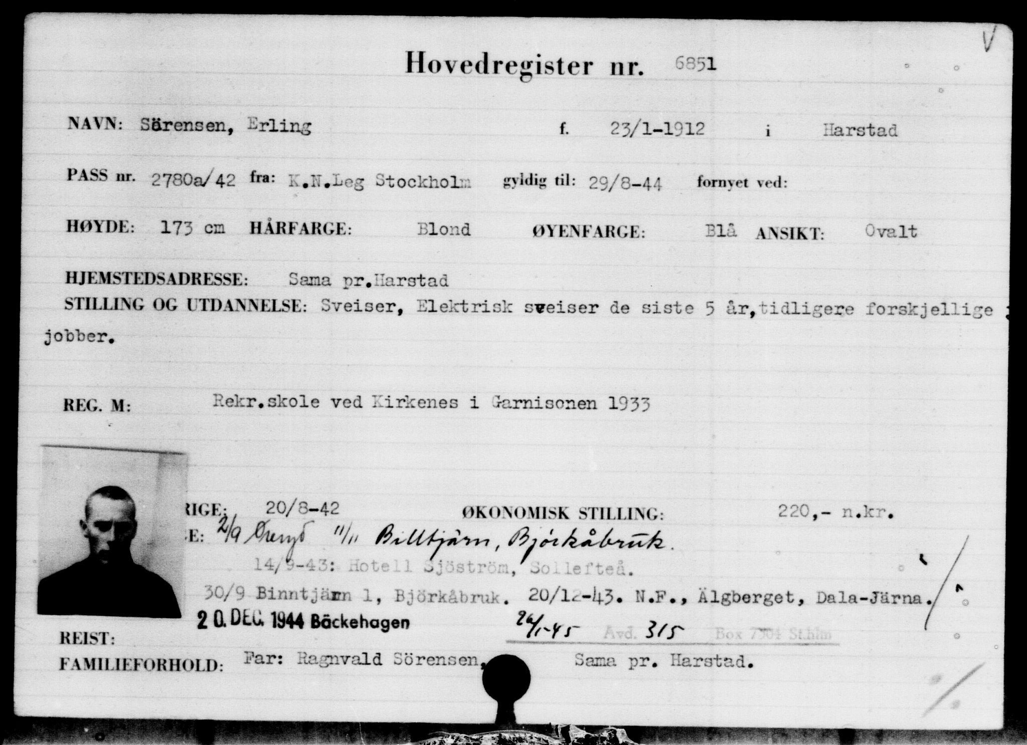 Utenriksstasjonene, Legasjonen i Stockholm, Flyktningkontoret, AV/RA-S-6753/V/Va/L0005: Kjesäterkartoteket, flyktninger med registreringsnr. 6600-9417, 1940-1945, s. 302