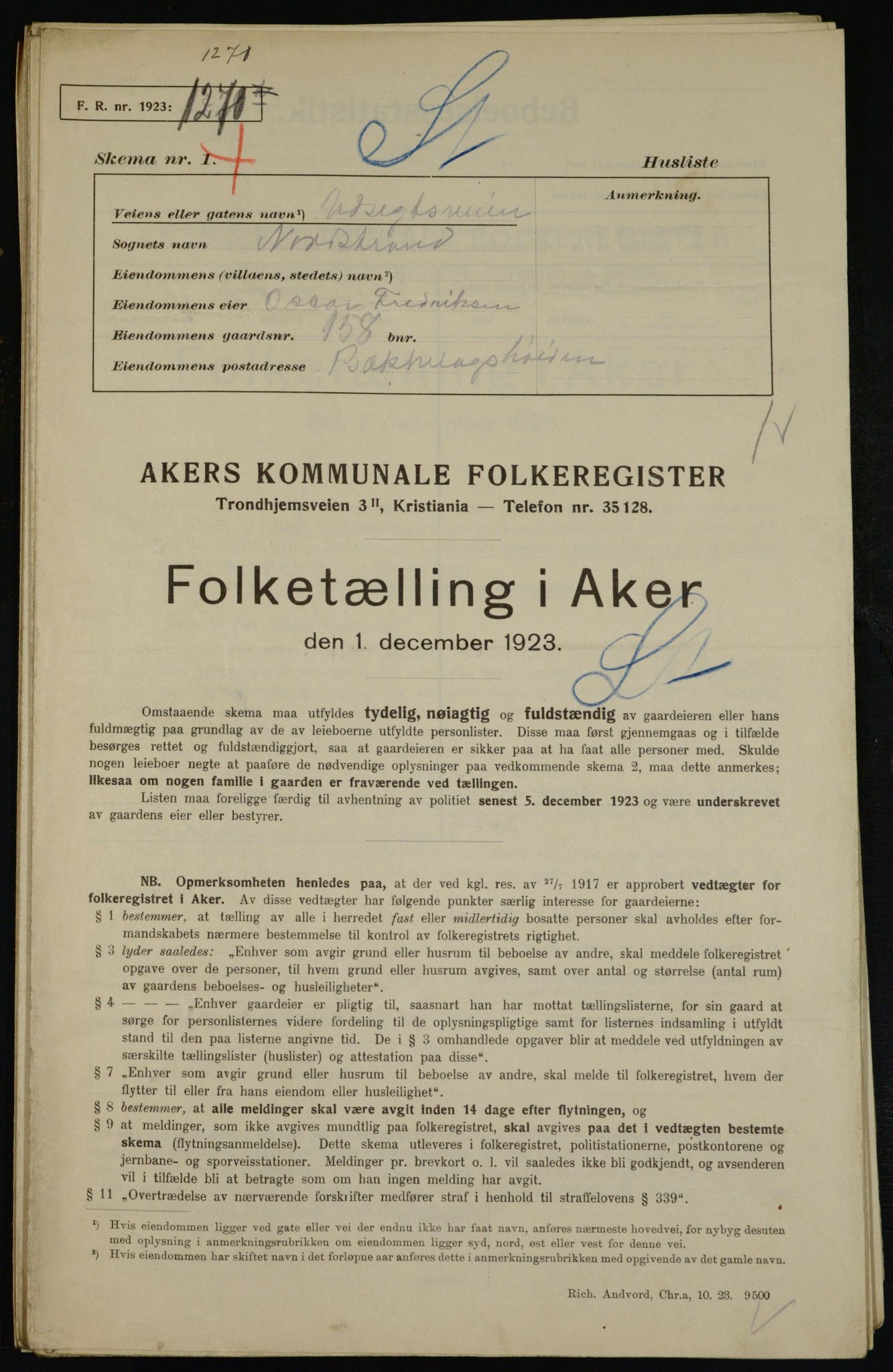 , Kommunal folketelling 1.12.1923 for Aker, 1923, s. 43971