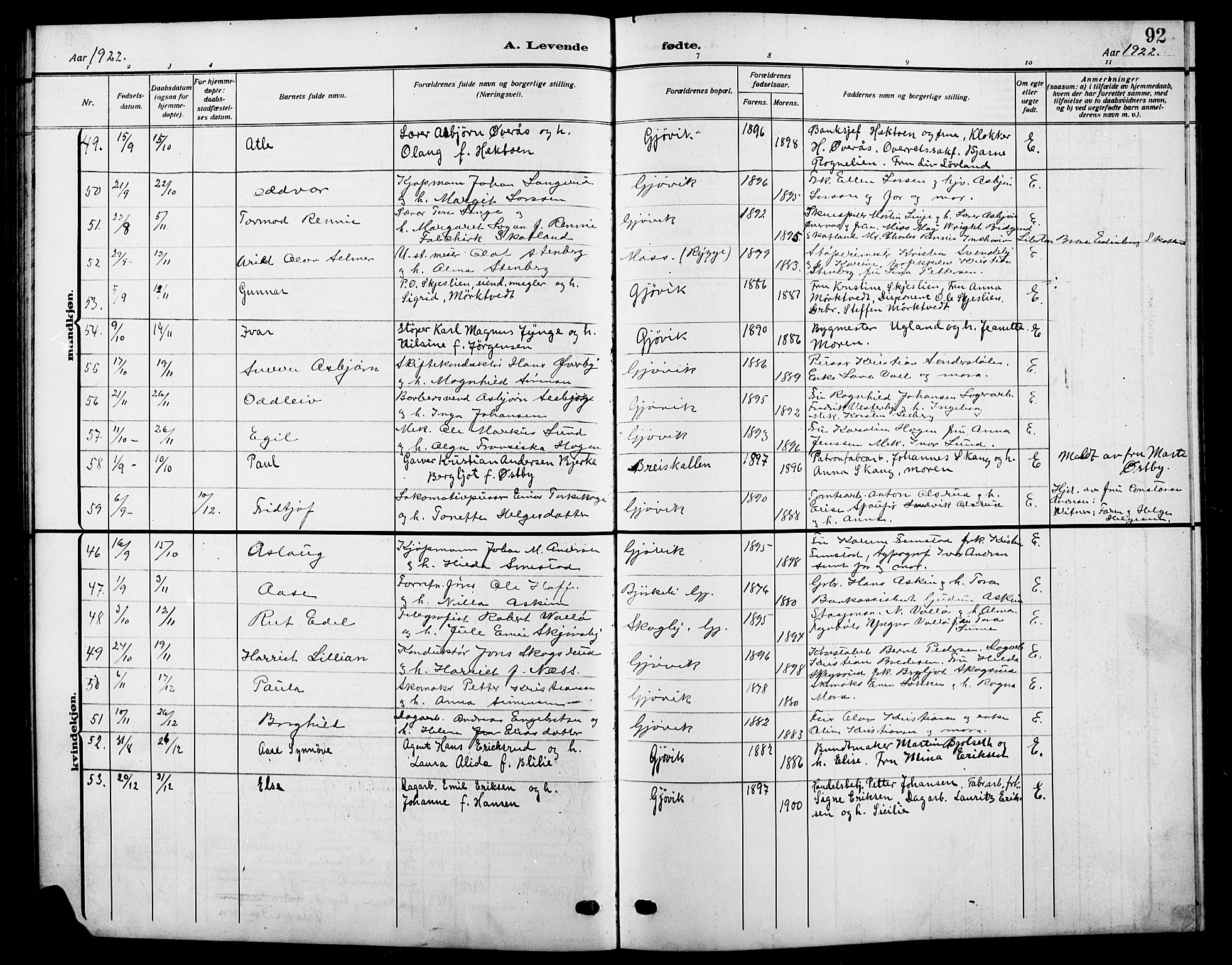 Vardal prestekontor, AV/SAH-PREST-100/H/Ha/Hab/L0014: Klokkerbok nr. 14, 1911-1922, s. 92